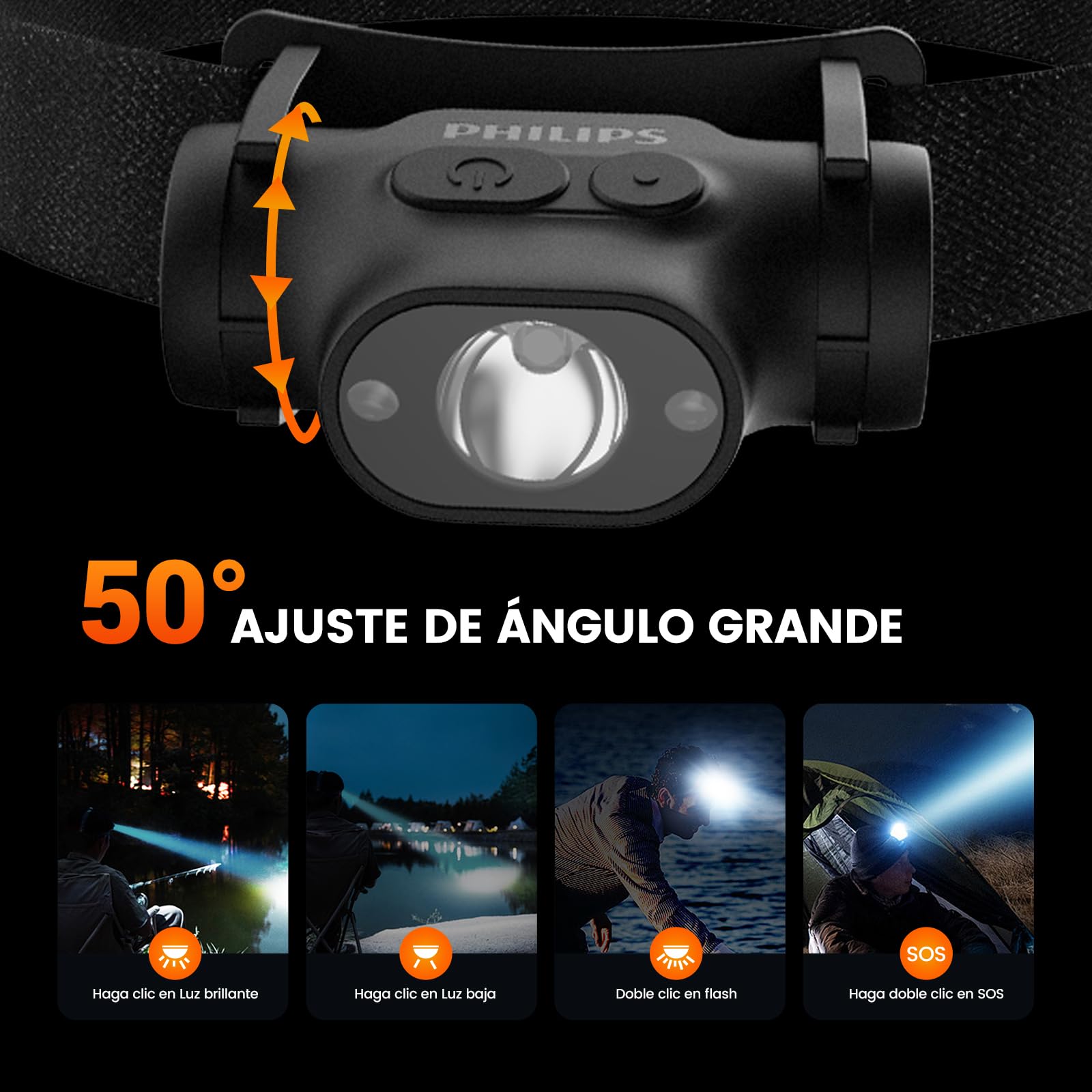 PHILIPS SFL1851 Linterna Frontal Recargable USB, Lámpara de Cabeza 5 Modos