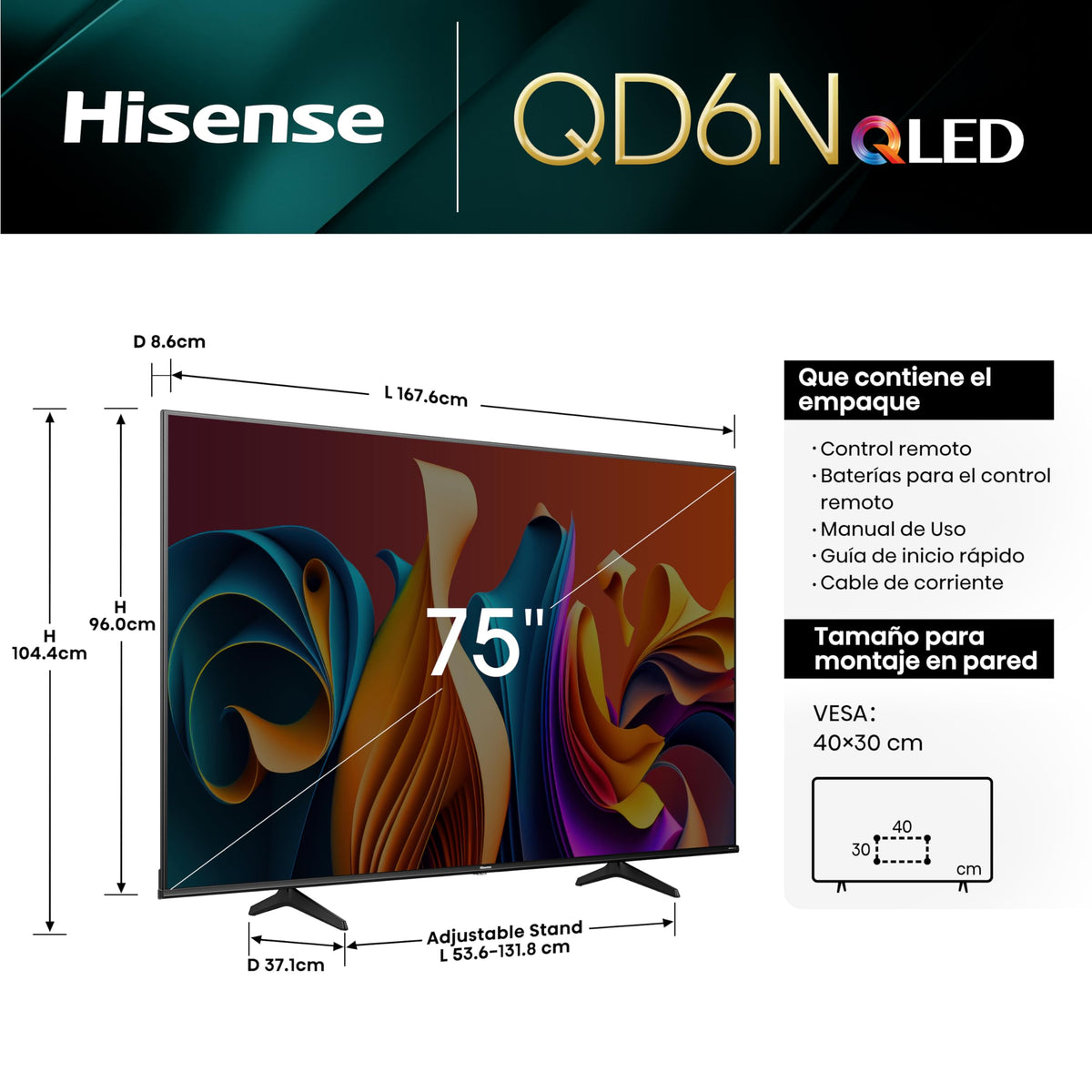 Hisense Television QD6N Pantalla 75 Pulgadas,QLED Smart Google TV UHD 4K,Control Remoto por Voz con Alexa,Dolby Vision Atmos, Modo de Juego Plus, Control de Voz,Compartir con TV