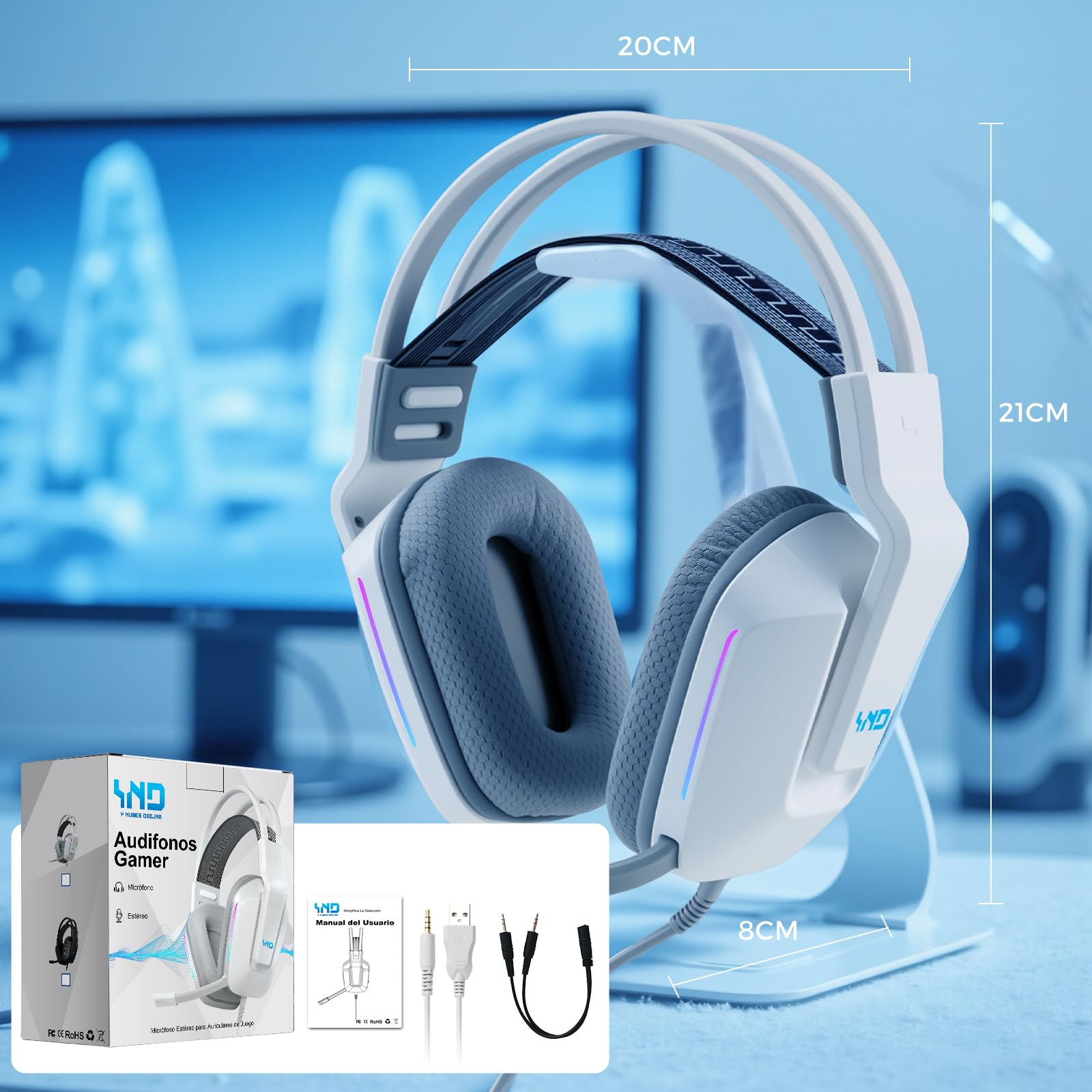 Audífonos de diadema, Audifonos con micronofono, 3.5mm Audio Jack, Almohadillas de espuma viscoelástica para los oídos, Audifonos Alambrico para Nintendo Switch Xbox Series X PS4 PS5 PC Mac, Blanco