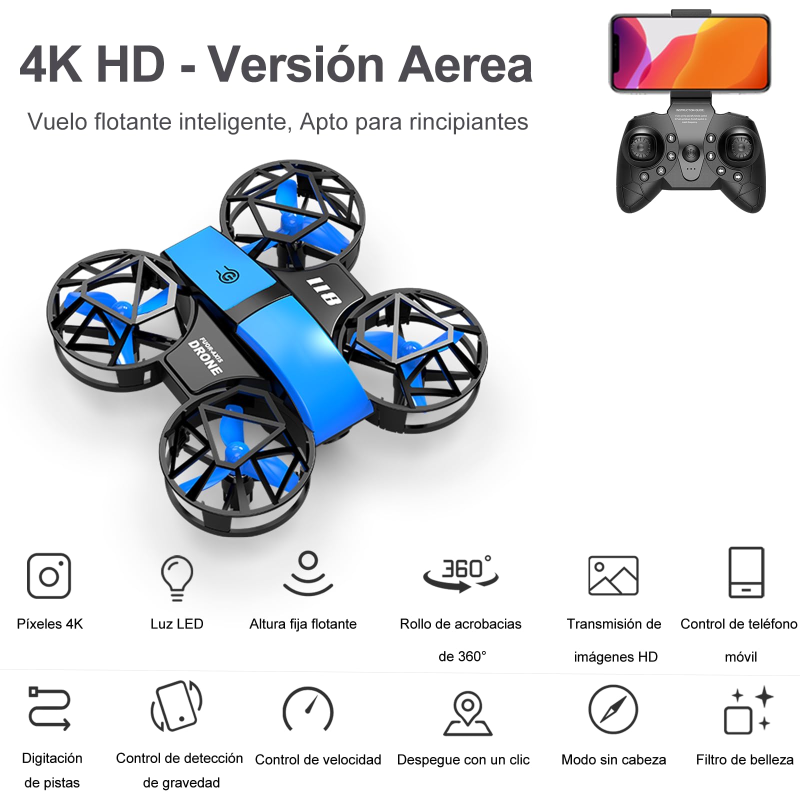 YUTVXAC Mini juguetes voladores con cámara 4K con Evitación de Obstáculos en 360°, Control Remoto 2.4G, con dos baterías, un tiempo de vuelo de hasta 24 minutos, apto para adolescentes y principiantes