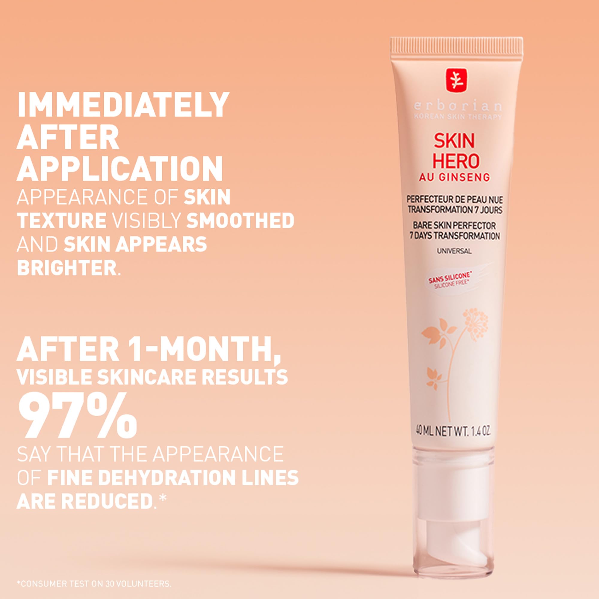 Erborian Skin Hero con ginseng blanco, cuidado facial sin teñir para perfeccionar la piel desnuda de 7 días con ácido hialurónico, cuidado facial cosmético coreano, 15 ml