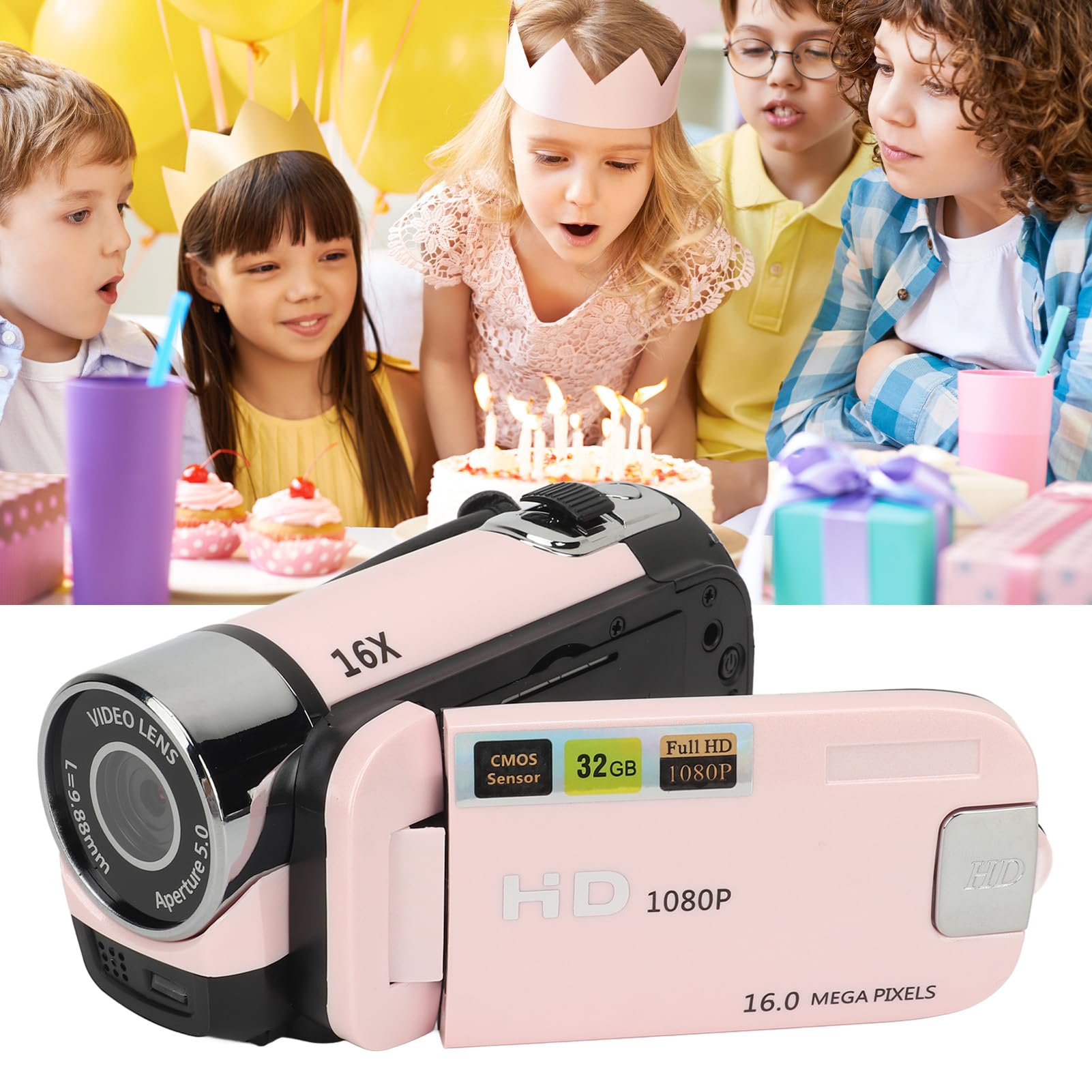 Yunir Cámara Digital, Cámara USB FHD 1080P 16MP con Pantalla Giratoria de 2,4 Pulgadas, Zoom 16X, Luz de Relleno, Antivibración, Grabadora de Vídeo Portátil para Niños y Niñas (Pink)