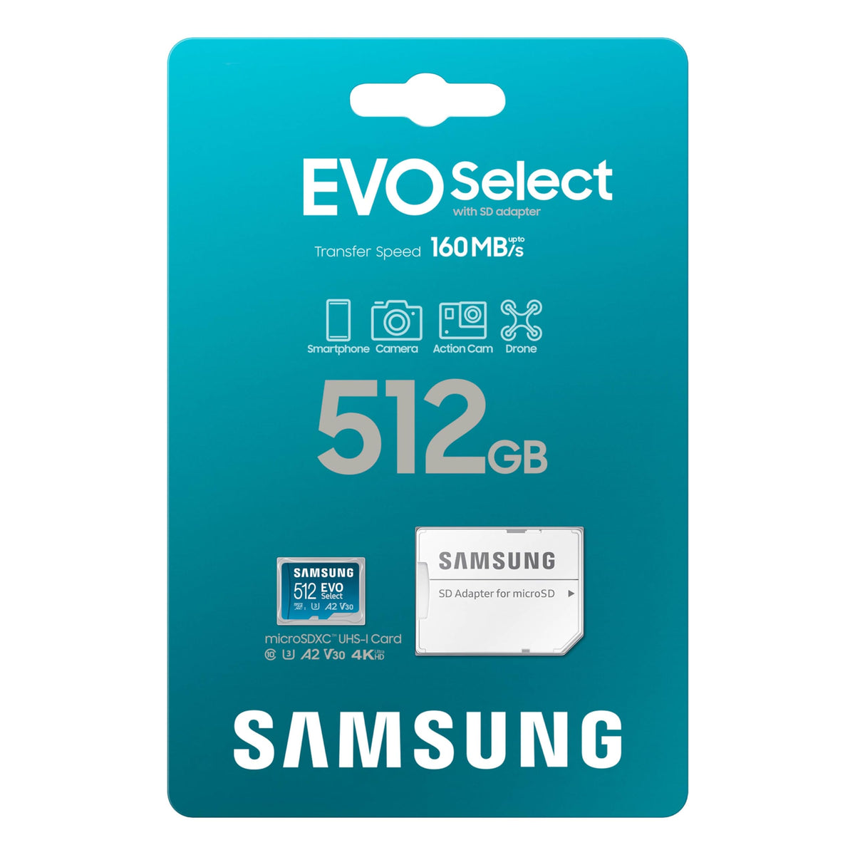 SAMSUNG EVO Select microSDMemory Card + Adaptador, 512GB microSDXC, hasta 160 MB/s, 4K UHD, UHS-I, C10, U3, V30, A2, para teléfono Celular, Smartphones, Nintendo-Switch y tabletas (MB-ME512SA/AM)