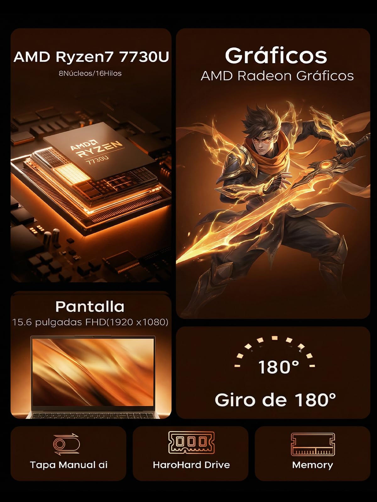 KAIGERR Laptop Gamer Ryzen 7 7730U (8C/16T, hasta 4.5GHz), 16GB RAM 512GB NVMe SSD Laptops, 15.6" FHD, Win 11 Pro, Teclado Físico en Español, Radeon RX Vega 8, Wi-Fi 6