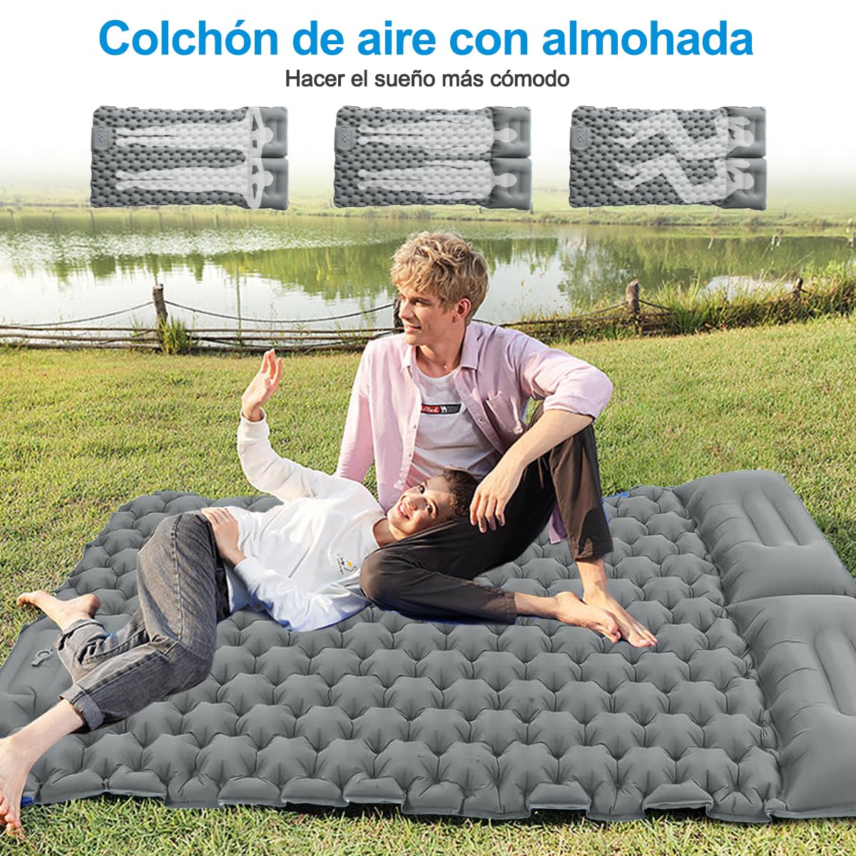 E T EASYTAO Colchoneta Camping Doble Autohinchable con Almohadas (Gris)
