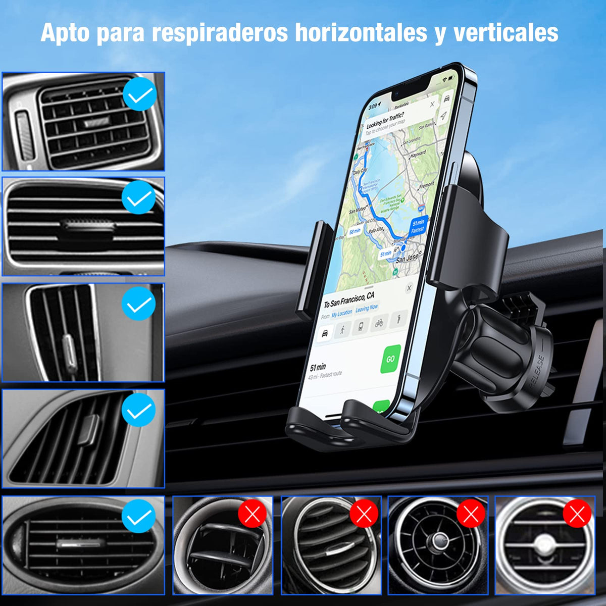 Miracase 2025 Generación Soporte Celular Automóvil, Base Porta Celular Auto Ventilación, Rotación 360º con Gancho Metálico y Botón Liberación con iPhone 15 14 13 Pro MAX, Galaxy S23 Ultra, Xiaomi