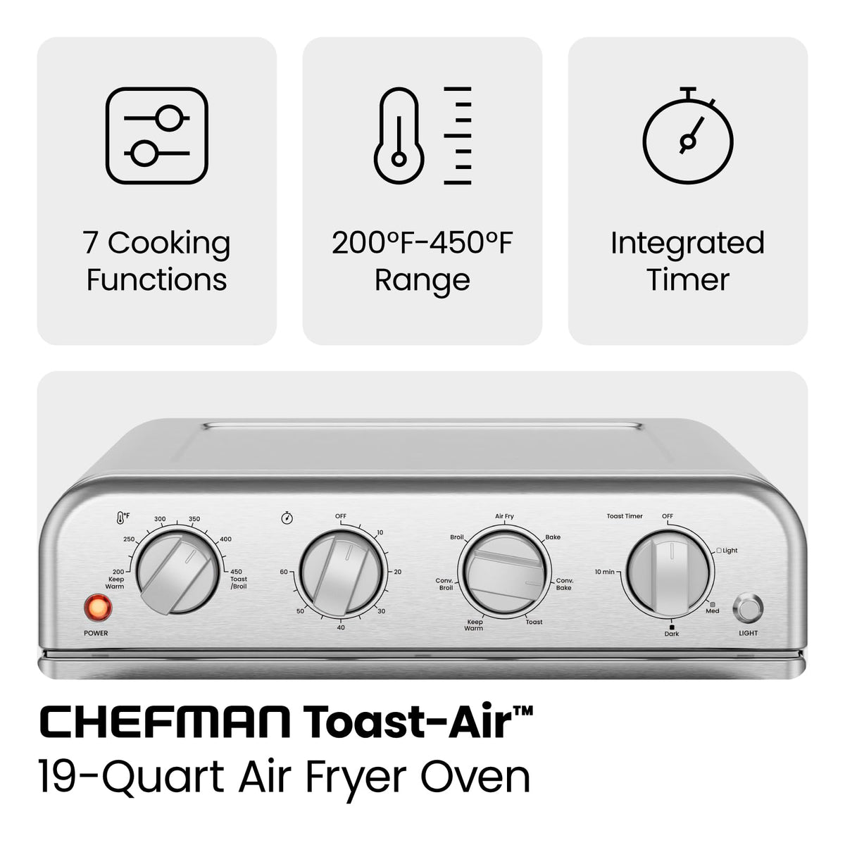 Chefman Combo de horno tostador de freidora de aire, 7 en 1, horno de convección extra grande de 18 L, cocinar una pizza de 10 pulgadas, temporizador integrado, apagado automático, acero inoxidable