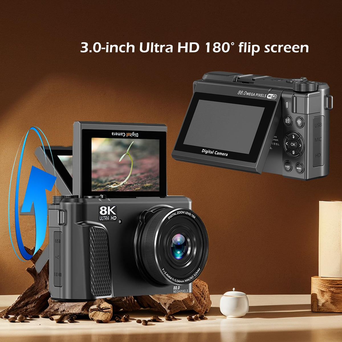 Zunate Cámara Digital de 8k para Fotografía, Cámara de Vlogging WiFi de 88MP, Cámara de Video de Enfoque Automático UHD 3in180 ° Pantalla con Zoom Digital 18x, No Incluye Tarjeta de Memoria.