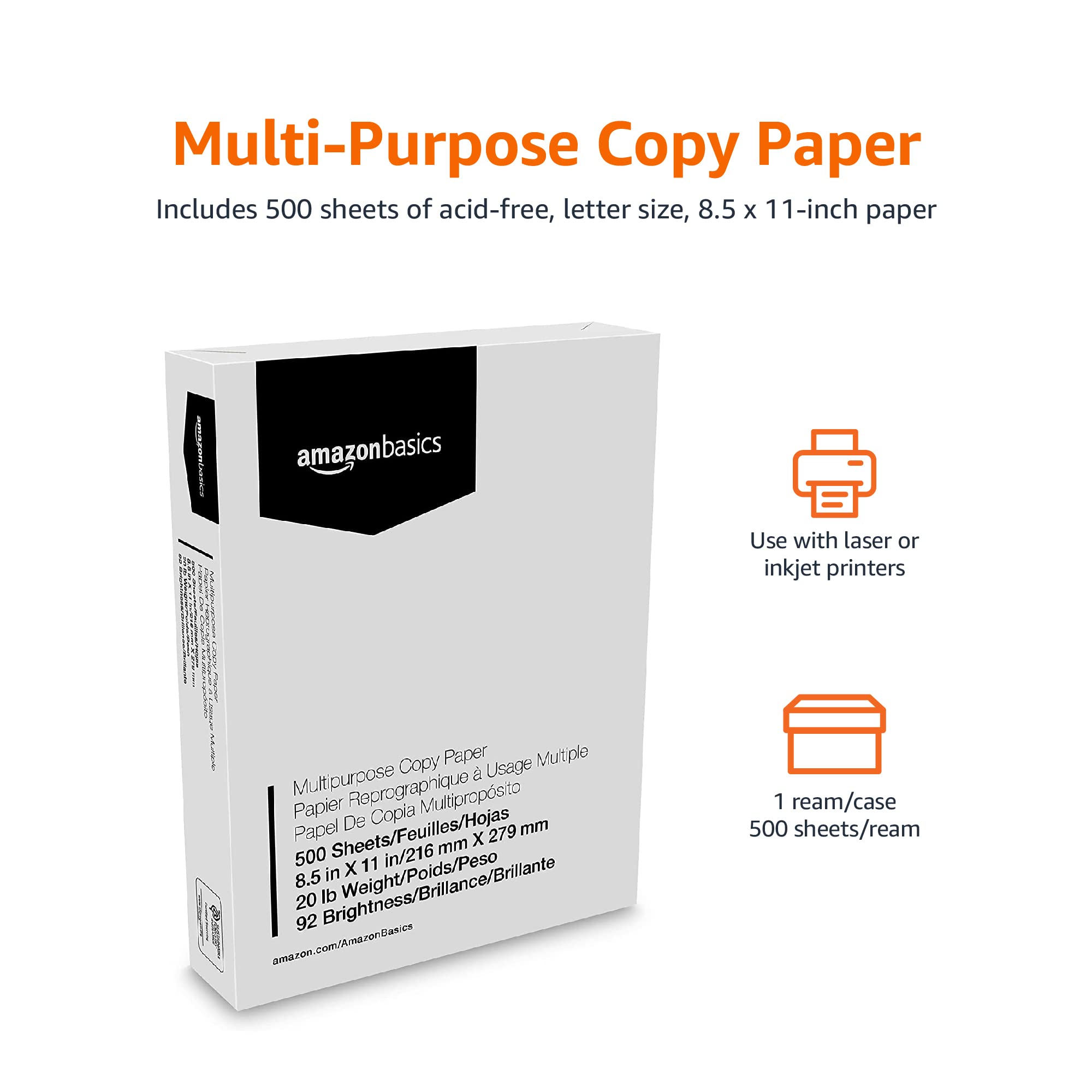 Amazon Basics Papel Multiusos Para Impresora Fotocopiadora, 21.6 x 27.9cm, 9.07kg, 1 Resma (500 Hojas), Brillo 92, Blanco