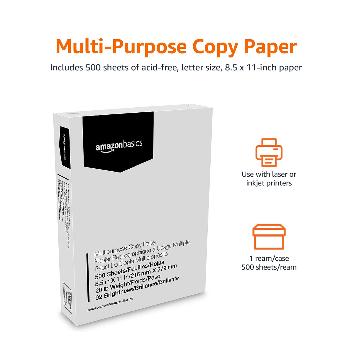 Amazon Basics Papel Multiusos Para Impresora Fotocopiadora, 21.6 x 27.9cm, 9.07kg, 1 Resma (500 Hojas), Brillo 92, Blanco