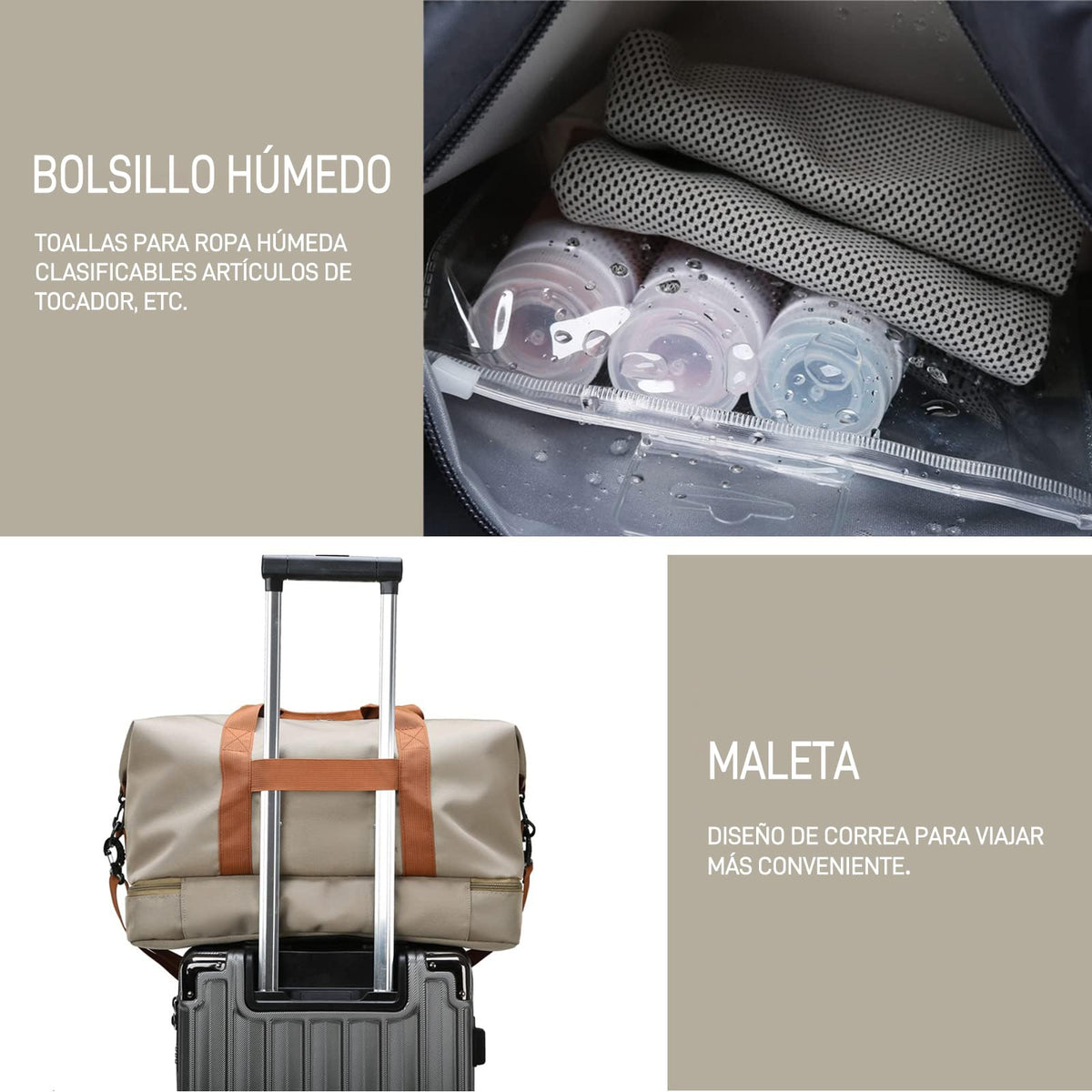 JeeLeeko Maleta Deportiva Bolsa para gym Diseño de Separación Húmedo y Seco Bolsa de viaje con ompartimento para Zapatos, para Hombres y Mujeres moda impermeable(Caqui)