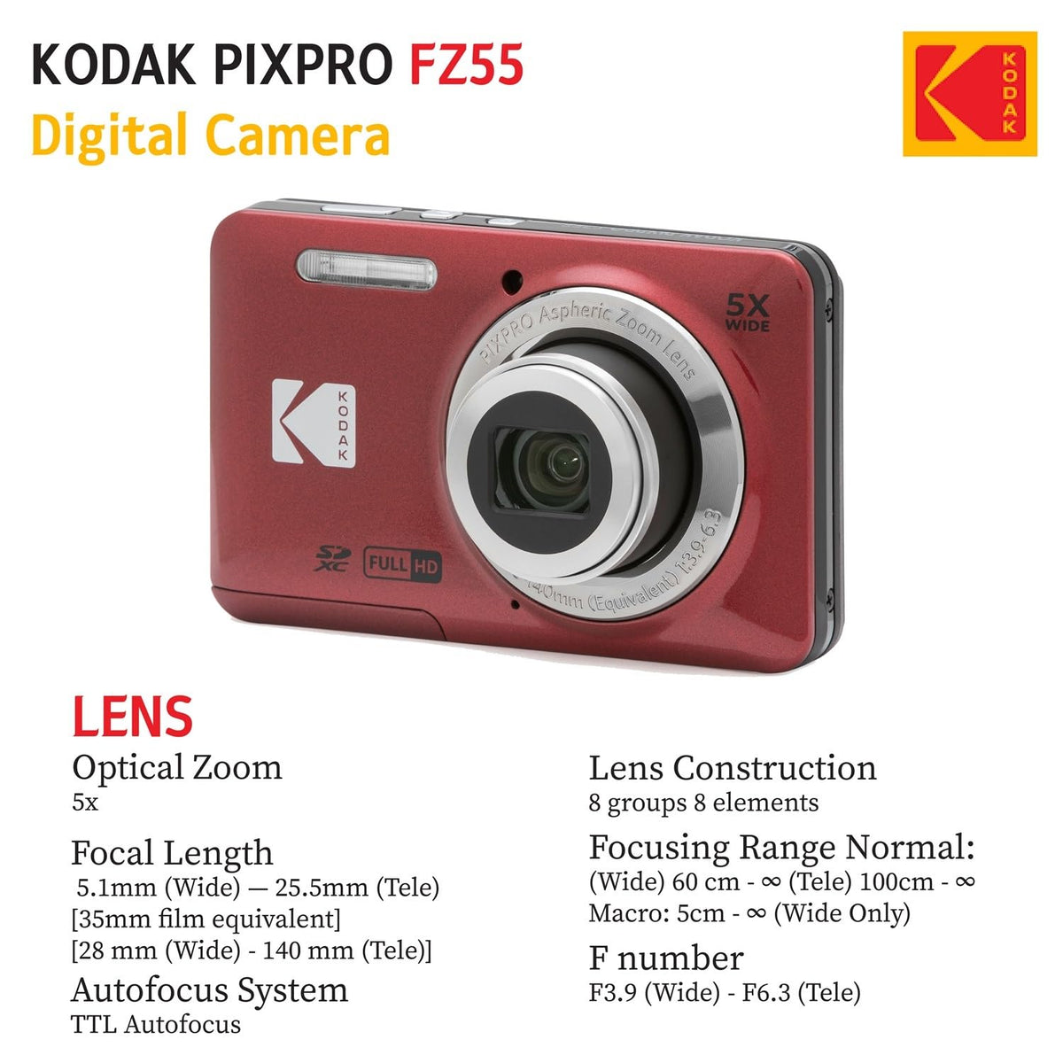 KODAK PIXPRO FZ55 Cámara digital compacta de 16 MP, zoom óptico 5x, gran angular de 28 mm, video Full HD 1080P, paquete con tarjeta SD de 32 GB, funda protectora y lector de tarjetas de alta velocidad