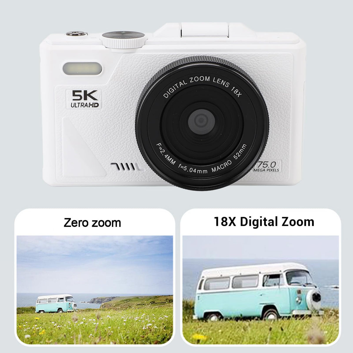 XUMIUZIY Cámara Digital 5K con Zoom Óptico 18X, Cámara Digital Vintage 75MP con Enfoque Automático, Cámara 5k con Pantalla abatible, Vídeo 5K y Detección de Sonrisa (Black) (White)