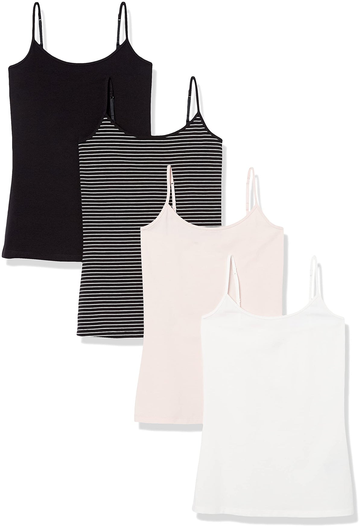 Amazon Essentials - Camisola ajustada para mujer (disponible en tallas grandes), paquete de 4, rubor/blanco/negro, rayas, talla M