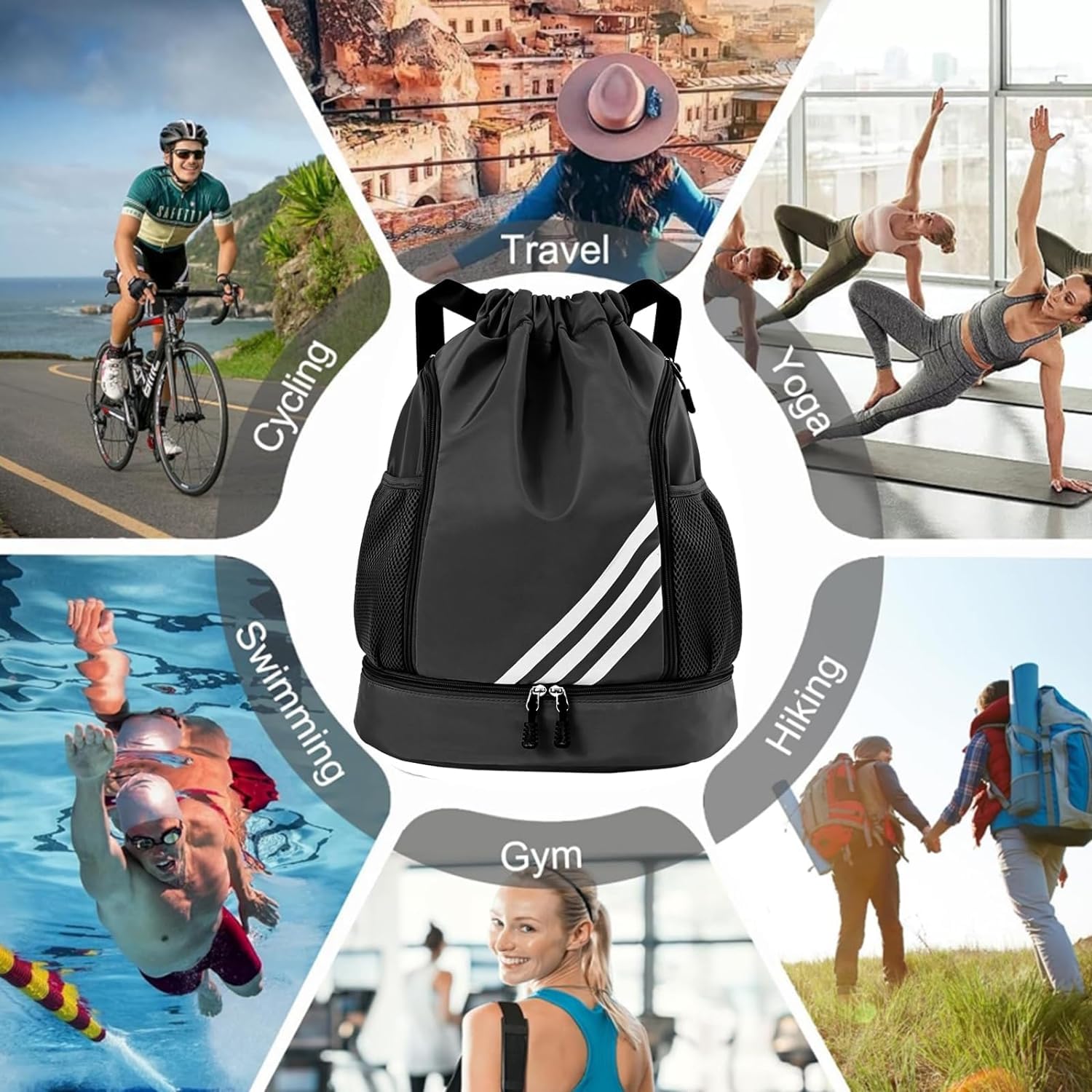 Mochila Deportiva con Cordón,Mochila de Cordón, Mochilas de Cuerdas con Compartimento de Zapatos y Bolsa de cuerdas Impermeable Morral Deportivo para Mujer Hombre Adolescente (Negro-)