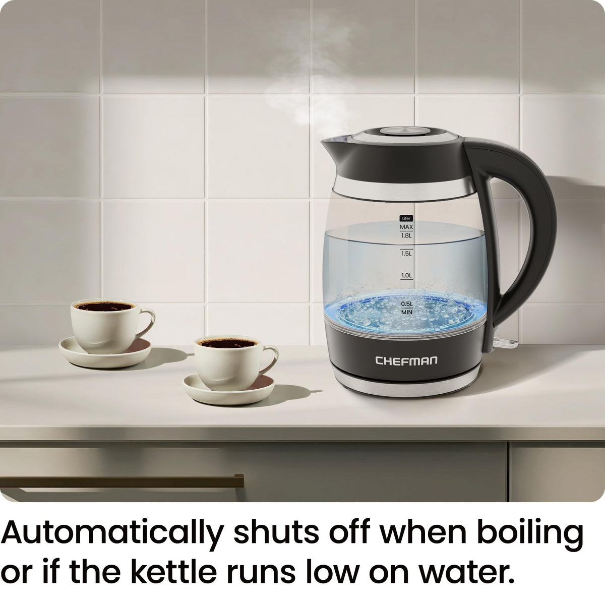 Chefman Hervidor eléctrico para agua hirviendo, 1.8L 1500W, agua caliente en 3 minutos, luces LED, apagado automático, protección de ebullición y secado, hervidor de té eléctrico de vidrio negro