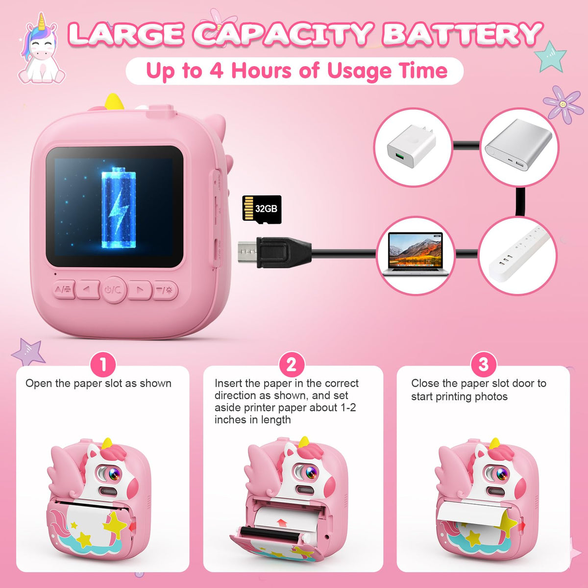 CAMCLID Camara Fotos Infantil Instantanea, 2,4 ’‘ HD 1080P Cámara Fotos Infantil con Tarjeta SD de 32G y Papel Fotográfico de Impresión, Regalos de Navidad para Niños y Niñas de 3 a 12 años (Rosa)