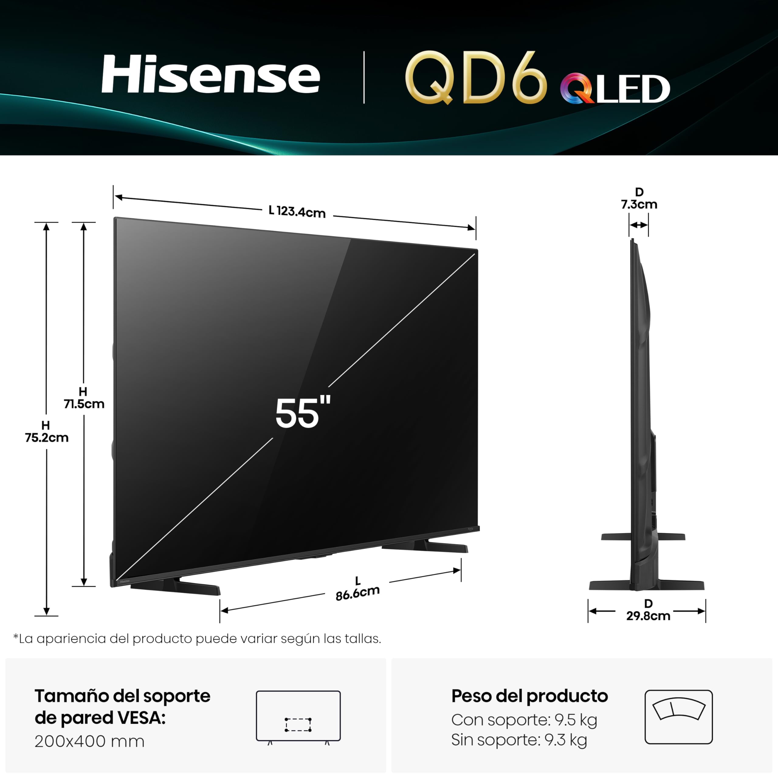 Hisense Television QD6QFM(último Modelo) Pantalla 55 Pulgadas,QLED Smart Fire TV UHD 4K,Control Remoto por Voz con Alexa,Escalado AI a 4K,Dolby Vision Atmos, Modo de Juego Plus