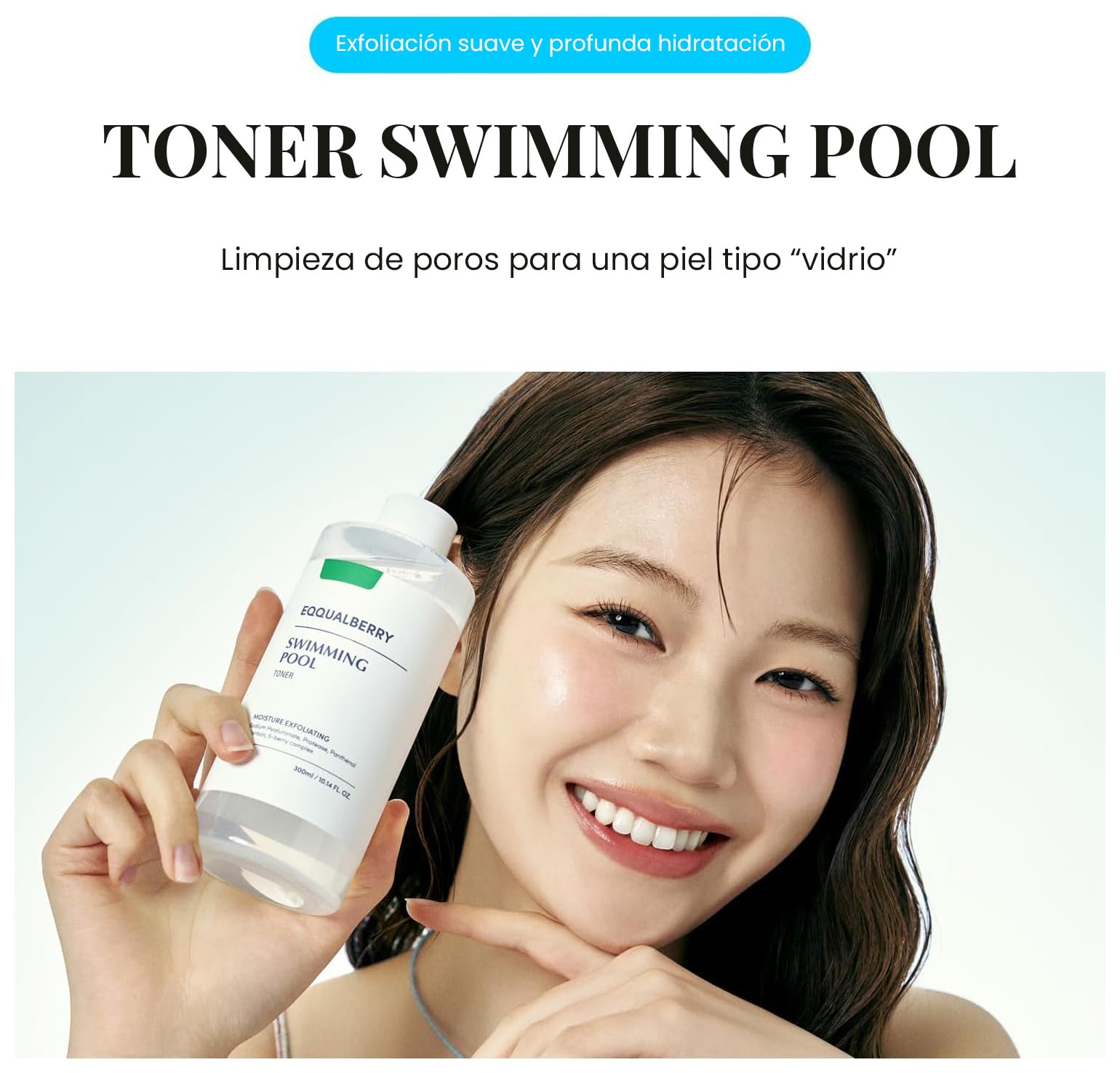 EQQUALBERRY Tónico Exfoliante Facial Swimming Pool Toner - Coreano con Enzima Proteasa y Ácido Hialurónico, Exfoliación Diaria Suave, Piel Sensible, 300 ml