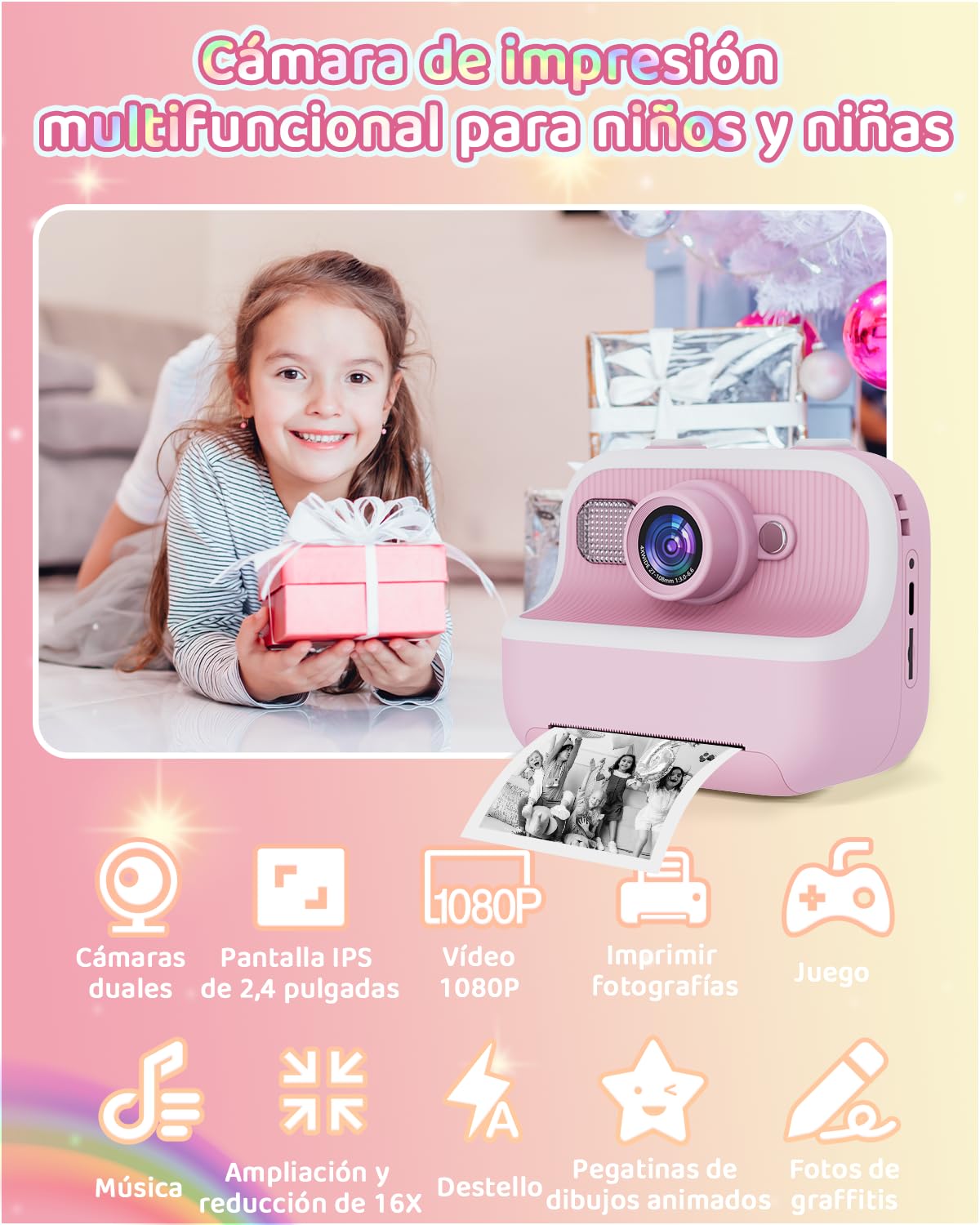 PTHTECHUS® cámara para niños de impresión instantánea con Tarjeta SD de 32 GB y Papel de impresión, cámara Digital de Selfie, Regalo de Juguetes para niños pequeños para niñas de 3 a 15 años (Rosa)