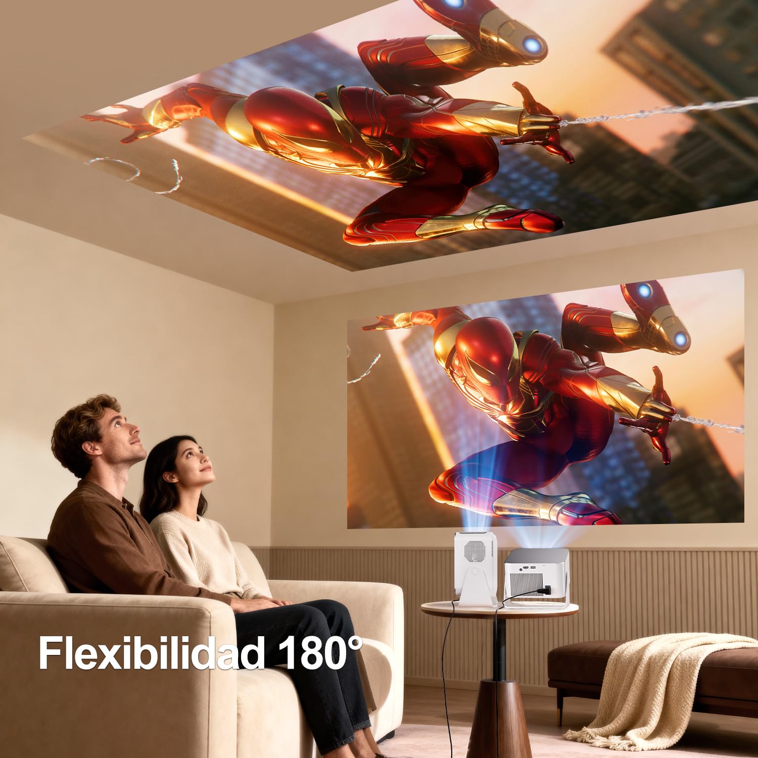 [App Integrada] Mini Proyector 4K & 8K Soporte 1080P Nativo, Proyector Portátil con Android 14 WiFi 6 BT 5.4, 600ANSI, Enfoque Automático, 6D Corrección Automática de Trapecio, Rotación 180°, HY350MAX
