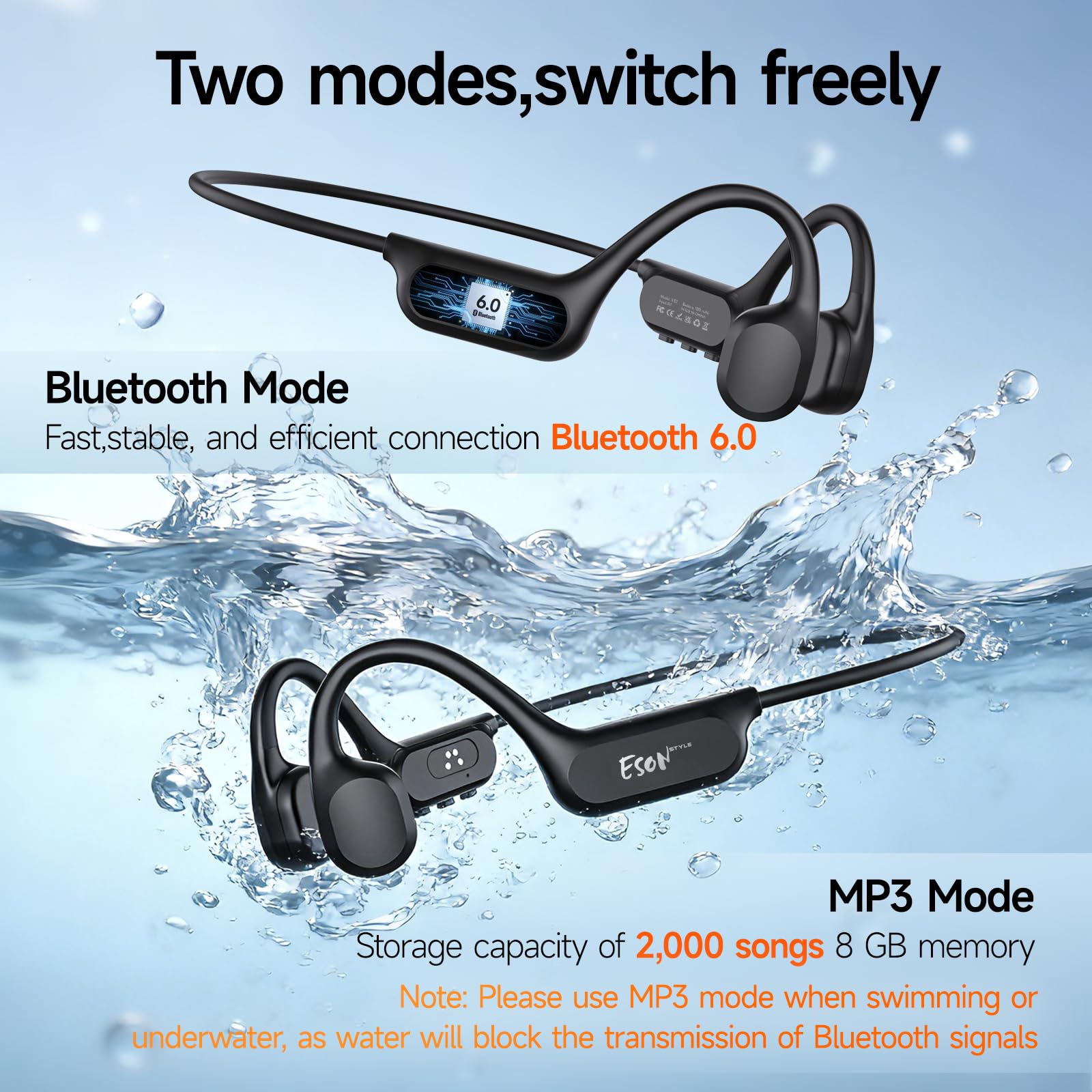 esonstyle Audífonos Conducción Ósea Natación - IP68 Agua Audífonos para Nadar Bluetooth 6.0,Oído Abierto con Reproductor MP3 de 8GB Auriculares para Natación Carreras y Ciclismo