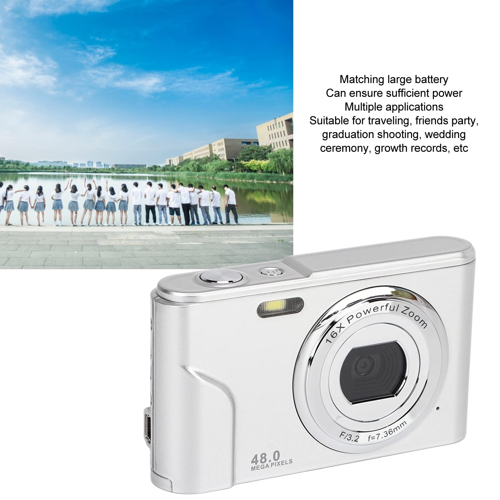 Cámara Digital, HD 1080P 48MP Vlogging Cámara para Niños Videocámara con Pantalla IPS de 2,4 Pulgadas, Zoom 16X Autofocus Compacto Mini Cámara de Bolsillo Regalos para Estudiantes (plata espacial)