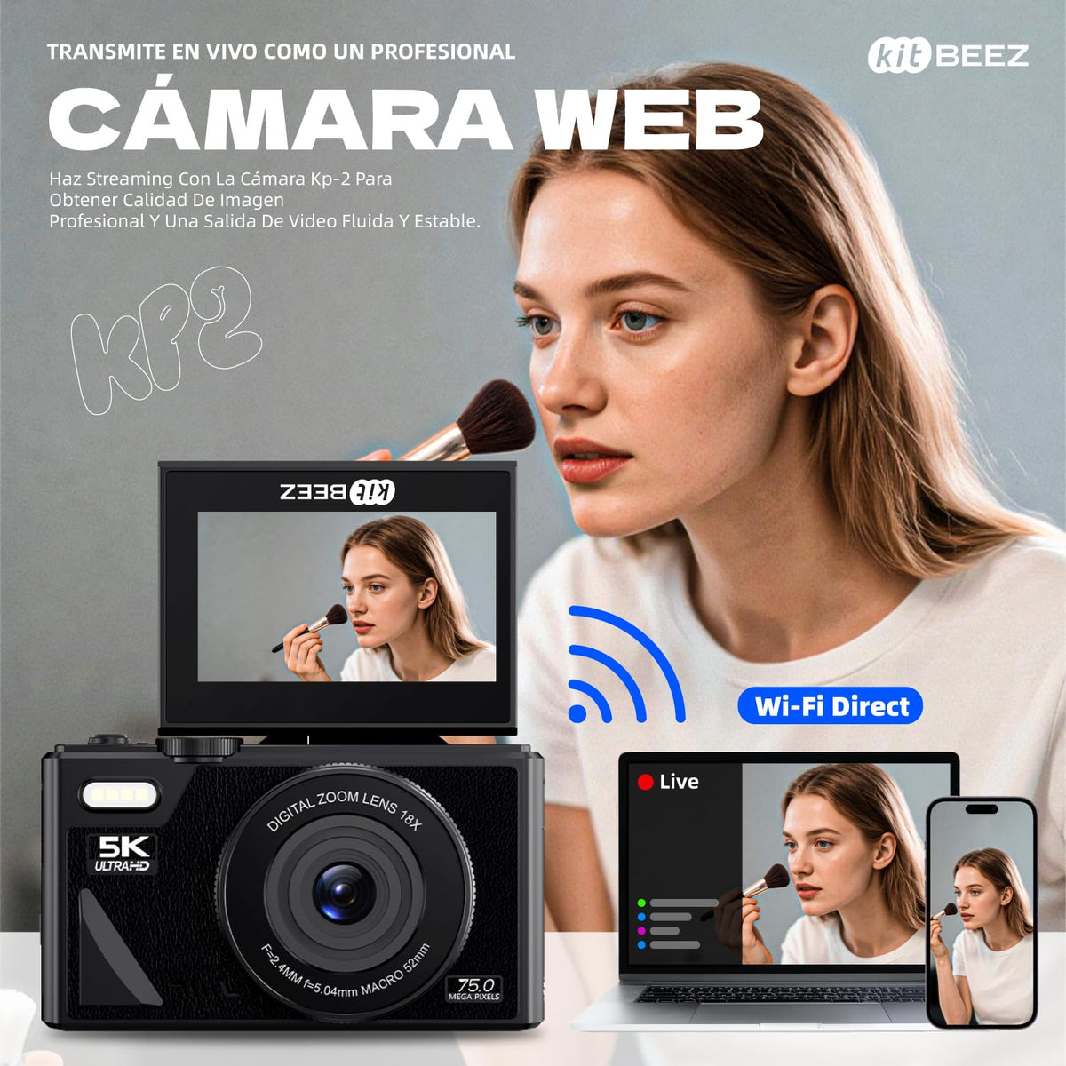 kitBEEZ Cámara Digital 5K Retro WiFi de 75 MP, Zoom de 18X, Pantalla Abatible de 3 Pulgadas, Admite Cámaras Web, Cámara Portátil de Viajes con Tarjeta 32GB SD, Negro