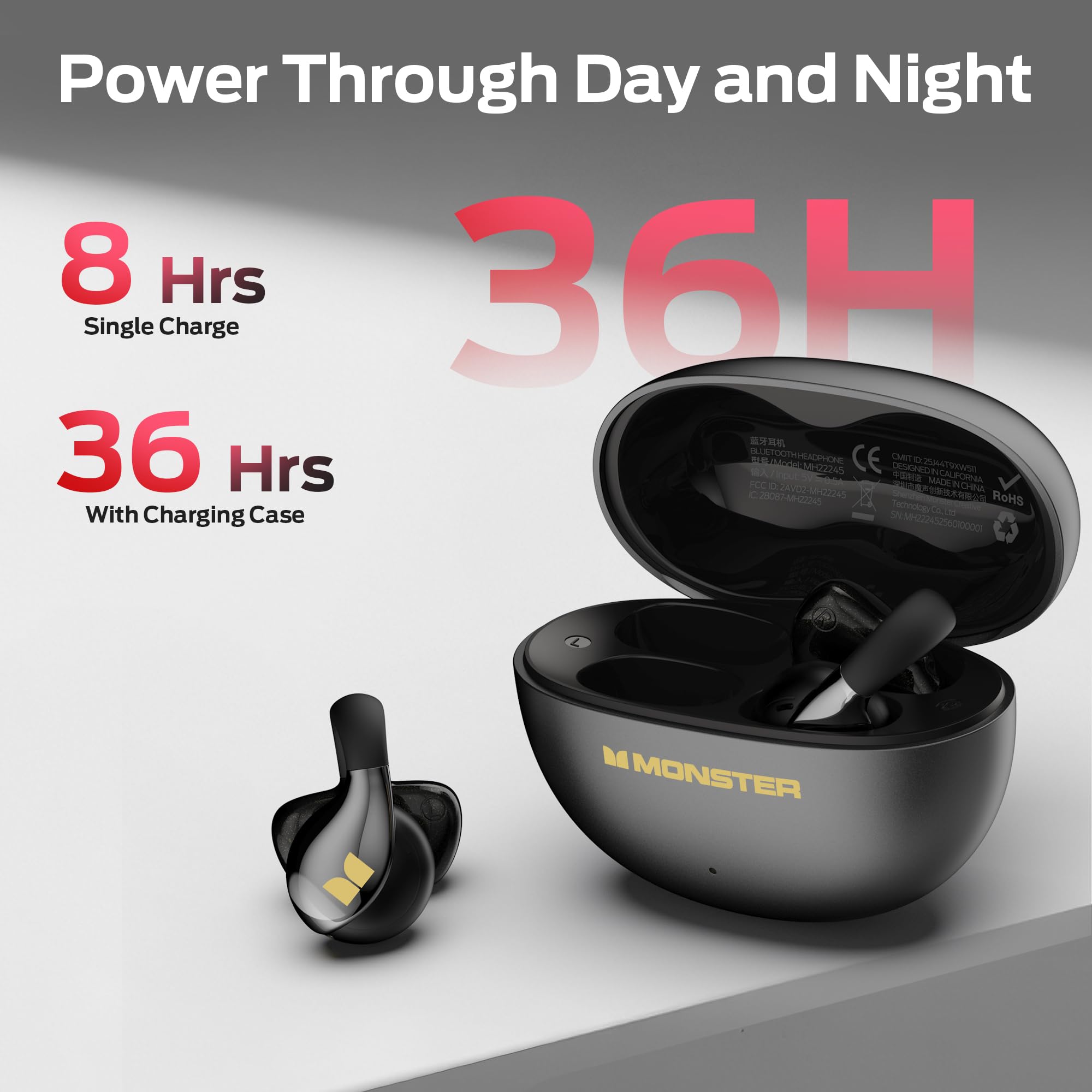Monster Open Ear AC225 Auriculares, Auriculares Inalámbricos Bluetooth 6.0, Sonido Estéreo, Auriculares Clip-on Ligeros con Micrófono ENC para Llamadas Claras, Tiempo de Reproducción de 36h, Negro