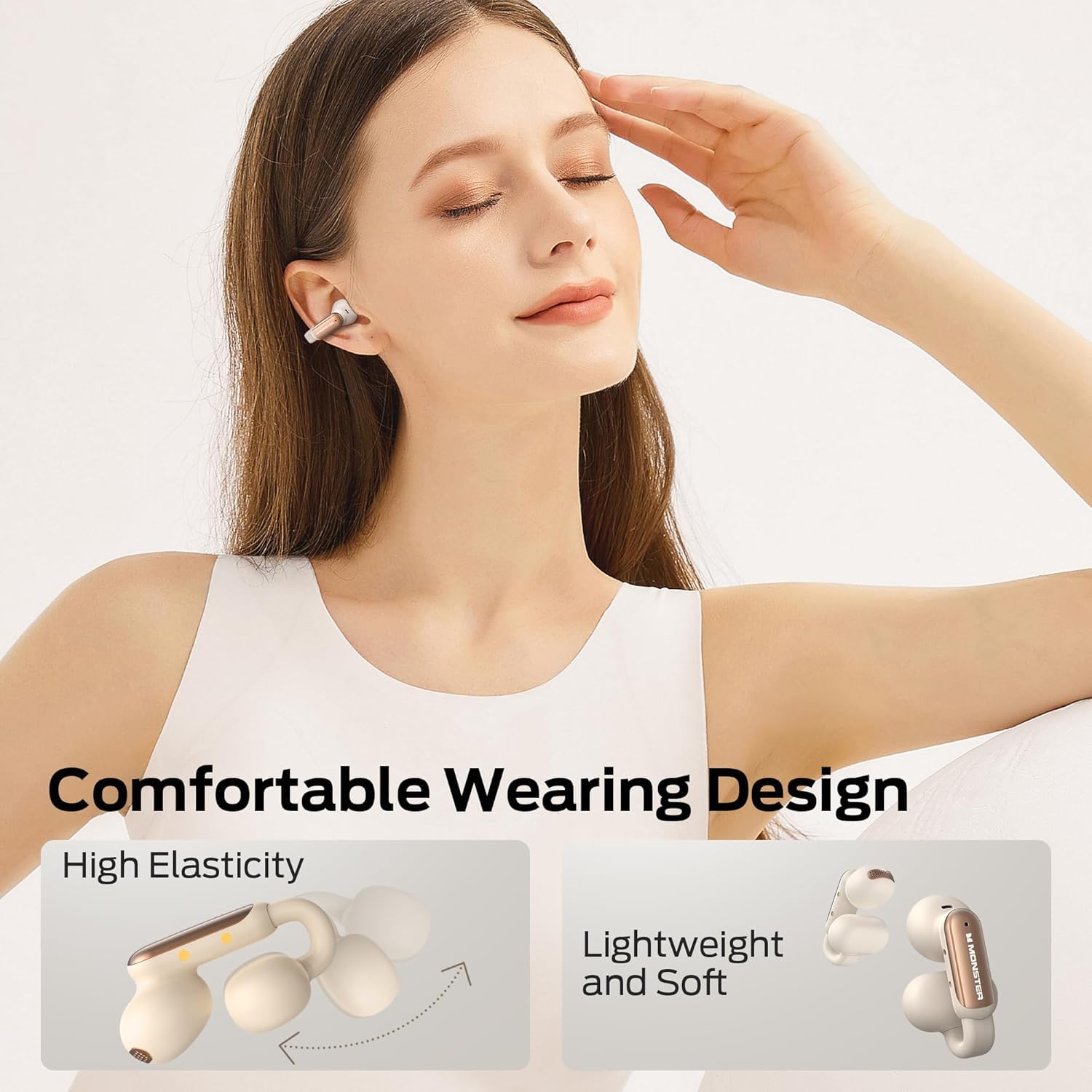 Monster Open Ear AC601 Audifonos Inalámbricos, Bluetooth 5.4 con Estéreo HiFi, Llamadas Claras con Tecnología ENC, 21 h de Reproducción, Carga Rápida, Control Táctil, Impermeables IPX6 (Blanco)