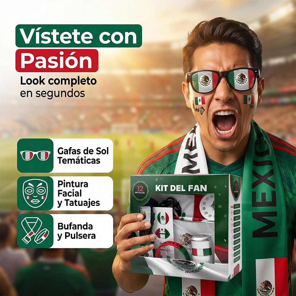 Kit Fan México 12PCS – Set de Fiesta Fútbol con Banderas, Bocina, Gafas, Pintura Facial y Pulseras, para Mundial 2026, Partidos de la Selección, Clásicos, Bares y Reuniones Familiares