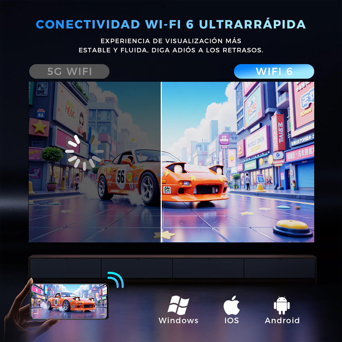 HUSEYTA Proyector, proyector Inteligente 4K/ 150 ANSI con WiFi 6, BT 5.0, Pantalla de 130 Pulgadas, Giro de 180 Grados, Sistema operativo Android Integrado 12.0, Compatible con iOS/Android/PC/PS4/PS5
