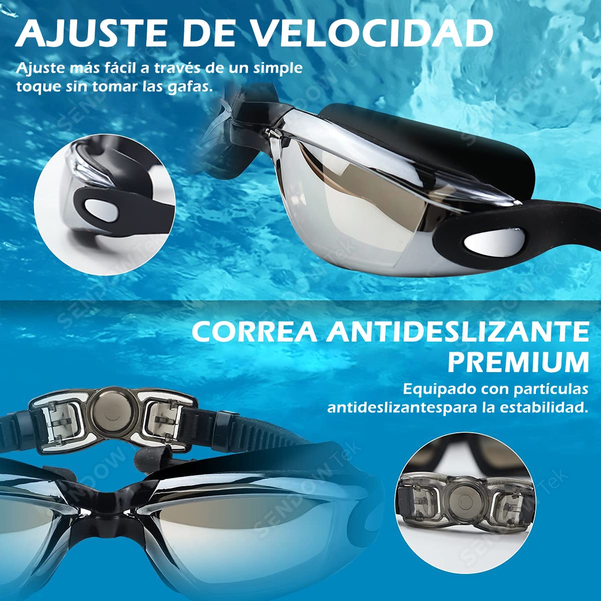 Sendowtek Gafas de Natación 5 en 1 Anteojos de Natación Incluye Gafas con Protección UV Lentes, Gorro de Natación, Auriculares y Clips para la Nariz, Bolsa de Natación para Hombres, Mujeres y Niños