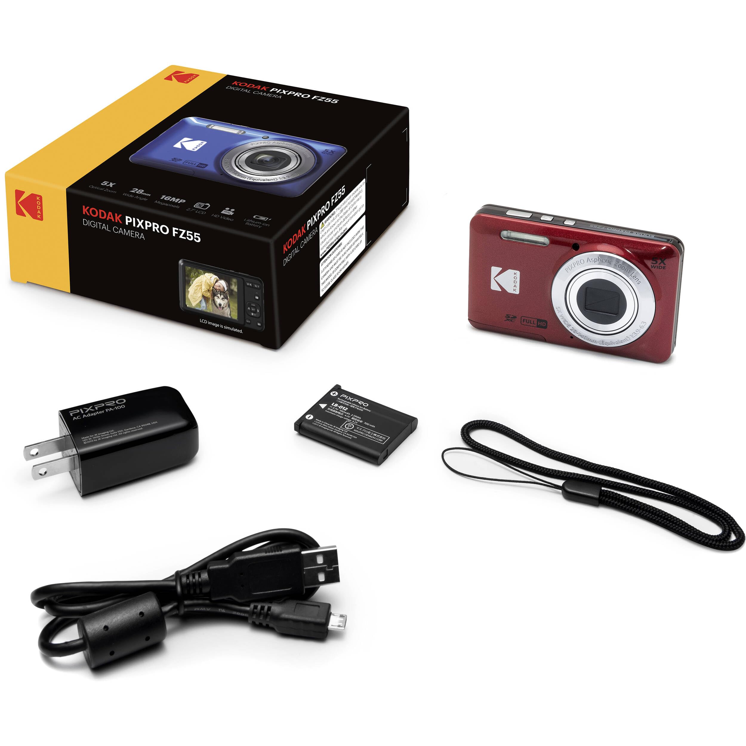 Kodak PIXPRO FZ55 - Cámara digital roja de 16 MP, zoom óptico de 5X, 28 mm, gran angular, 1080P, cámara LCD Full HD de 2,7 pulgadas, tarjeta y lector de 64 GB + funda + portafolios de memoria +
