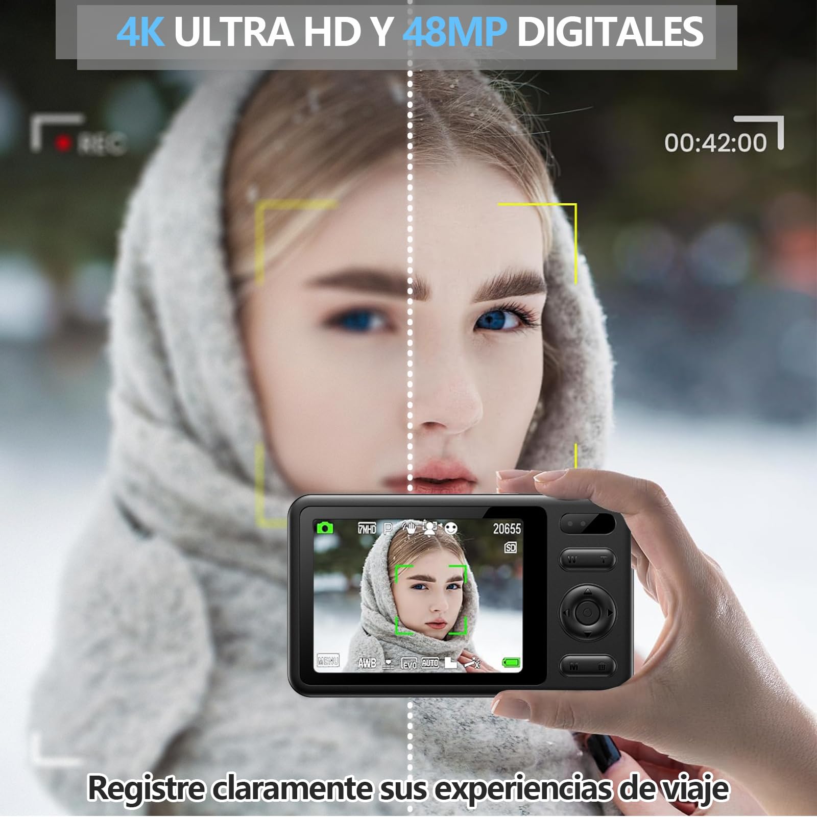 Cámara digital, cámara HD con zoom de 48MP, zoom digital de 16x, pantalla a color IPS de 2,8 pulgadas, antivibración, incluida tarjeta de memoria de 64 GB，transmisión directa OTG al teléfono móvil