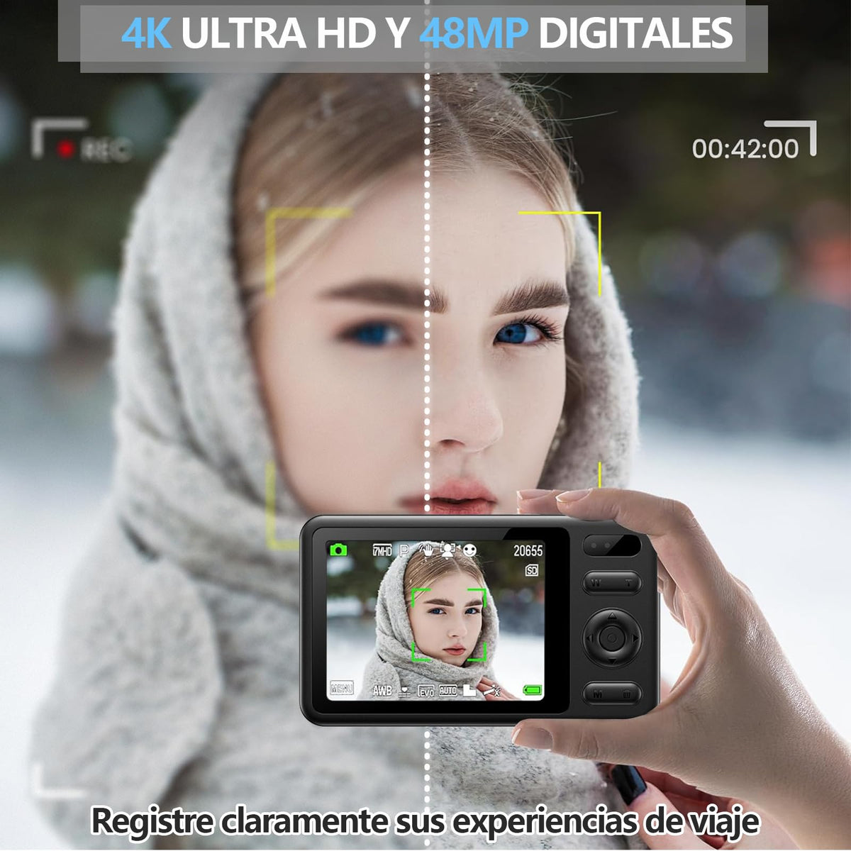 Cámara digital, cámara HD con zoom de 48MP, zoom digital de 16x, pantalla a color IPS de 2,8 pulgadas, antivibración, incluida tarjeta de memoria de 64 GB，transmisión directa OTG al teléfono móvil