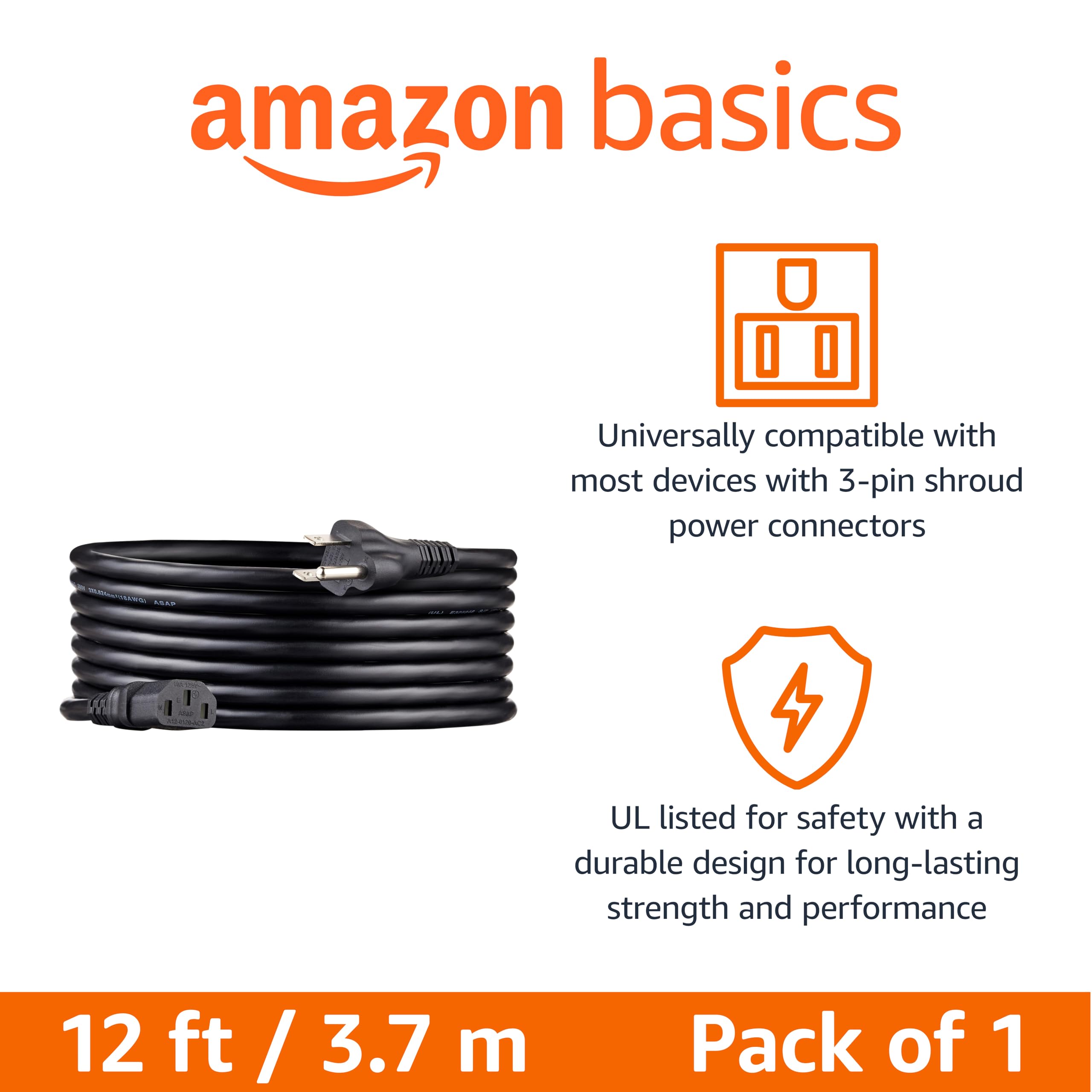 Amazon Basics - Cable de alimentación de repuesto para monitor de computadora, 12 pies, color negro