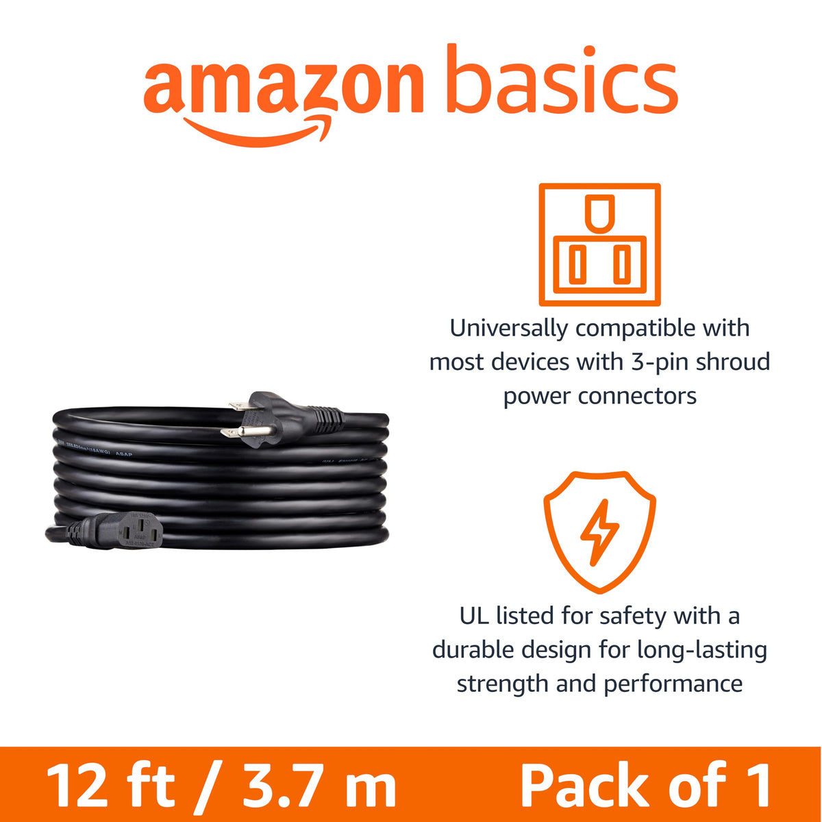 Amazon Basics - Cable de alimentación de repuesto para monitor de computadora, 12 pies, color negro
