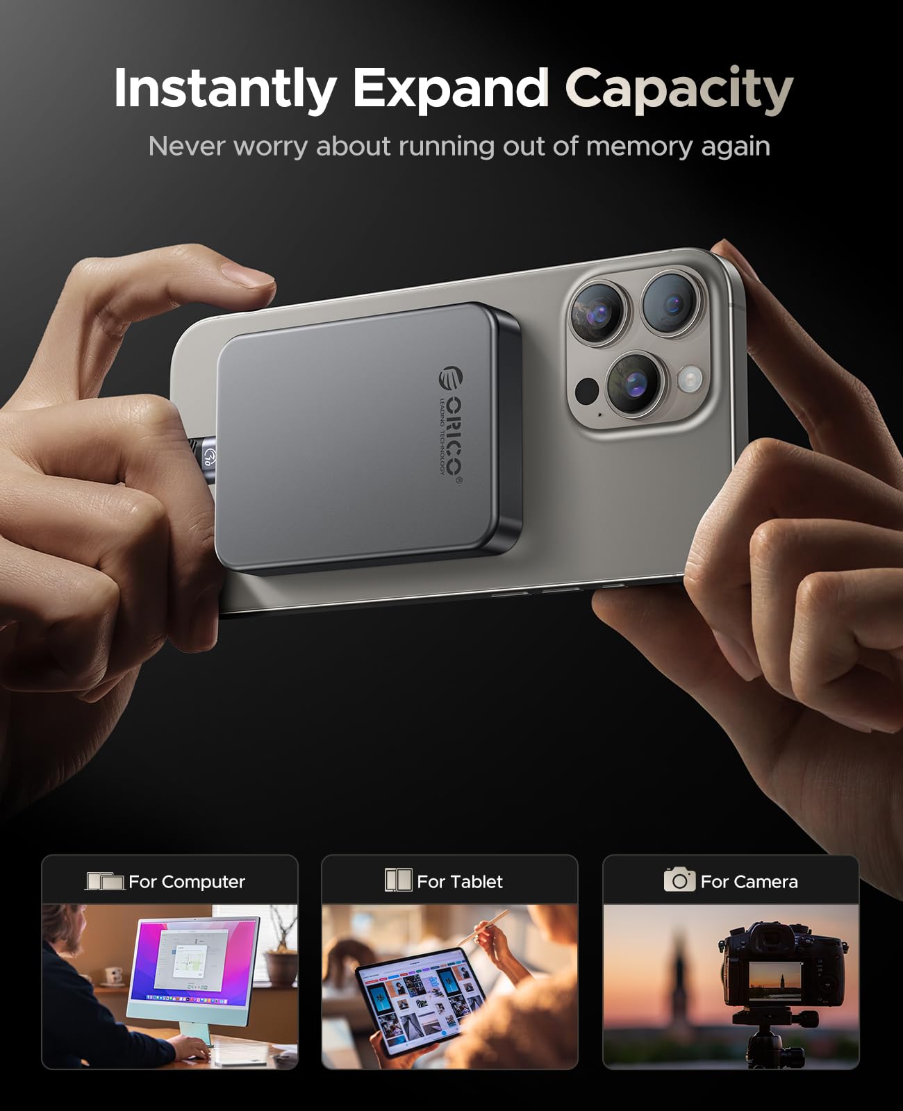 ORICO 512 GB SSD magnético, Carga PD100W, 4K ProRes HDR, 1000MB/s USB 3.2, Unidad Externa portátil para iPhone 16/15, portátiles, tabletas, aleación de Aluminio, Resistente a caídas - K10