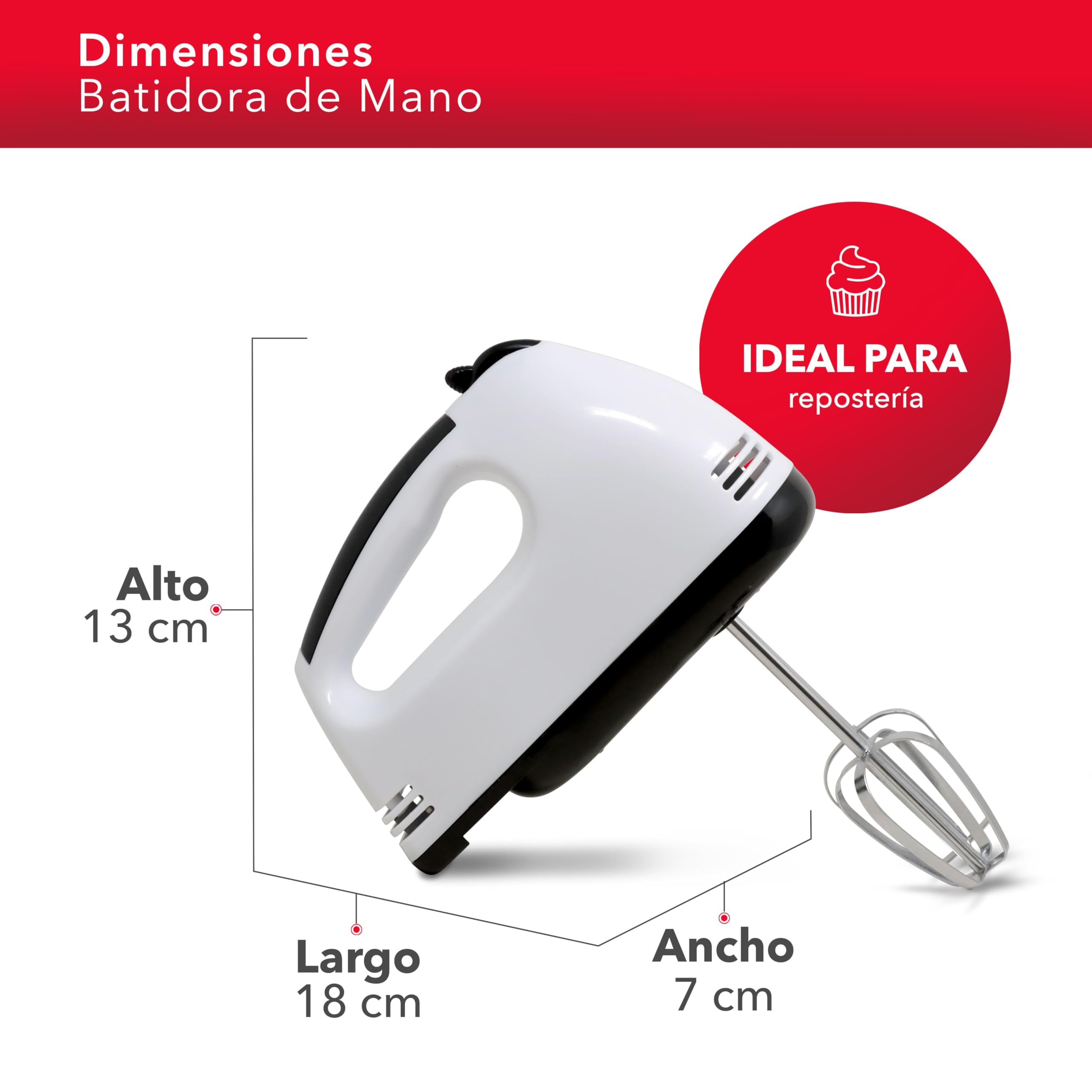 RCA Batidora de Mano RC-093 con 7 Velocidades, Motor de 100 W, Accesorios de Acero Inoxidable, Diseño Compacto, Portátil y Ligero, Ideal para Repostería, Mezclar Masa y Preparación de Alimentos.