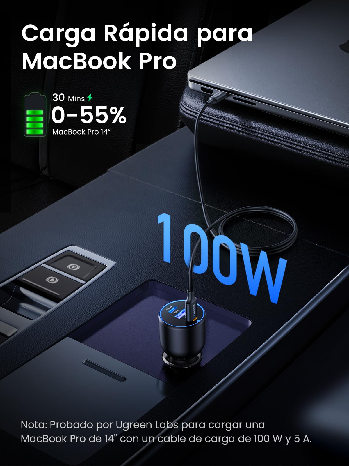 UGREEN 130W Cargador de Coche USB C con 1M 100W Cable USB C, Adaptador de Auto Tipo C Carga Rápida PD 3.0 Compatible con iPhone 16 15 14 13 12, Galaxy S25 S24 Ultra, Xiaomi, MacBook Pro Air, iPad Mini