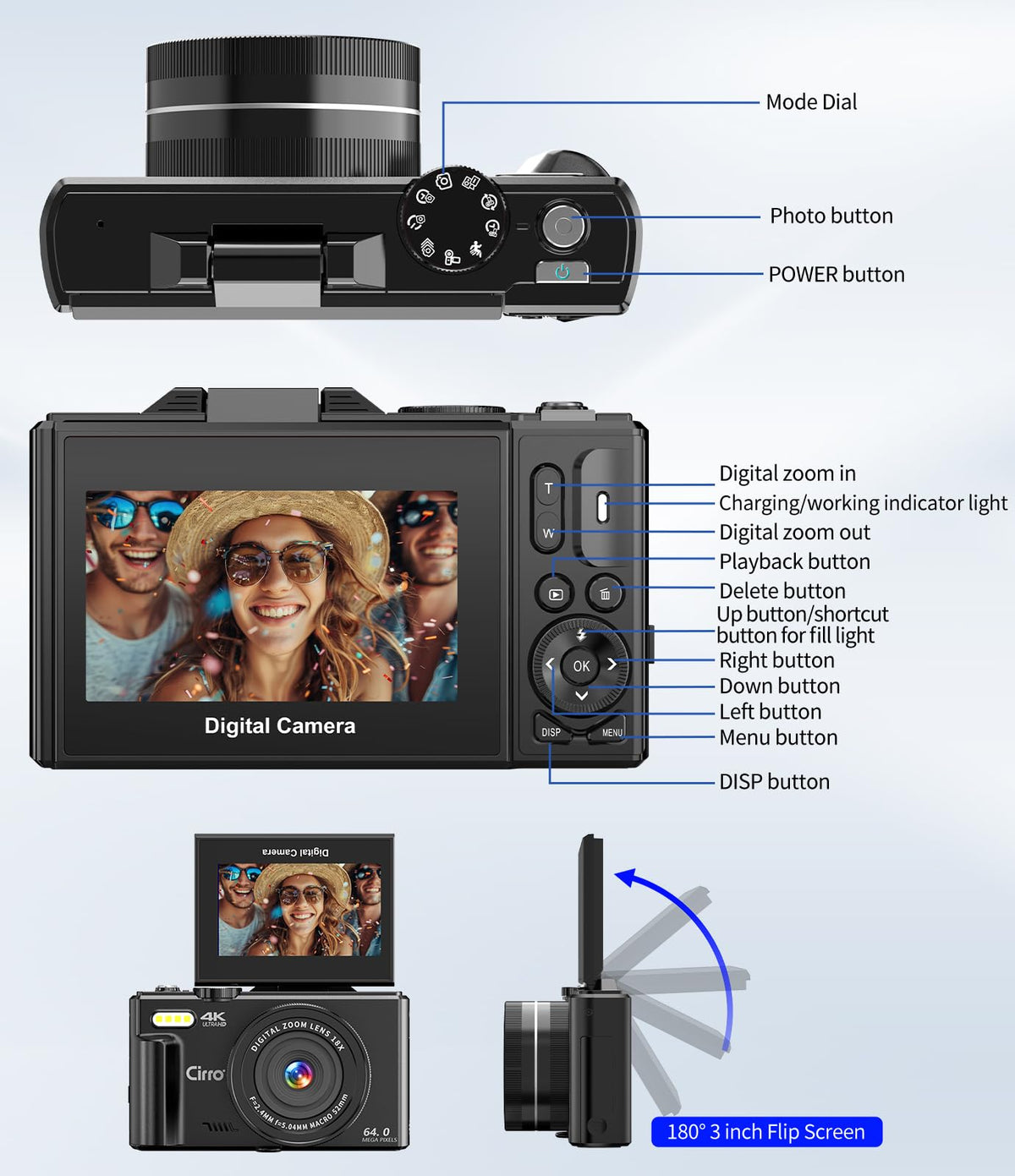CIRRO Cámara Digital 4K para fotografía, WiFi 64MP UHD Vlogging Cámara con zoom18X, Lente súper Gran Angular, visualización abatible de 3 Pulgadas y 180°, 32 GB. por Favor identifique la Tienda