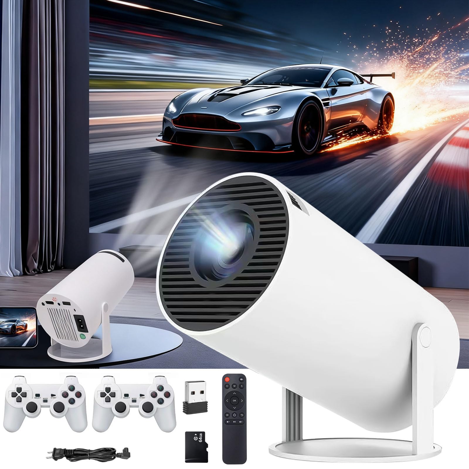 BOJOOM Mini Proyector Portátil 4K con 2 Mandos de Juego Inalámbricos, Tarjeta SD de 64GB con 2000+ Juegos y 14 Emuladores, Compatible con HDMI/USB/Smart TV/Phone, para Hogar/Fiesta/Exterior