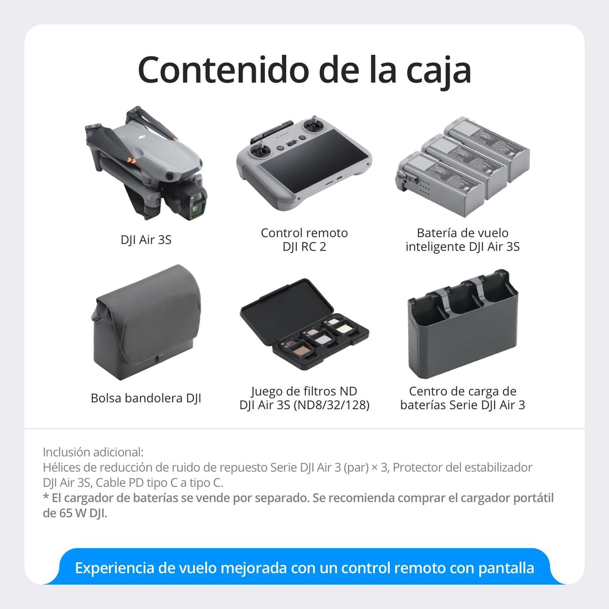 Pack DJI Air 3S Vuela Más (control remoto con pantalla RC 2), dron gran angular con CMOS 1" y telecámara media, 4K/60 fps, detección de obstáculos omnidireccional y 3 baterías para volar más