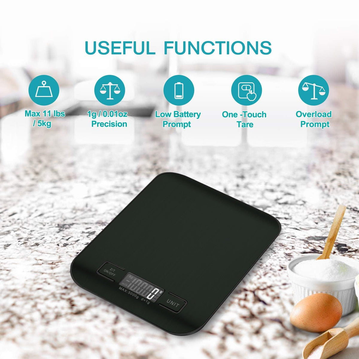 VEKENSEE Bascula de Cocina Digital de Acero Inoxidable, Multifuncional Balanza Cocina de Alta Precision Peso Cocina con Pantalla LCD y Funcion Tara Balanza de Alimentos 2 pilas Incluidas (5kg/g)