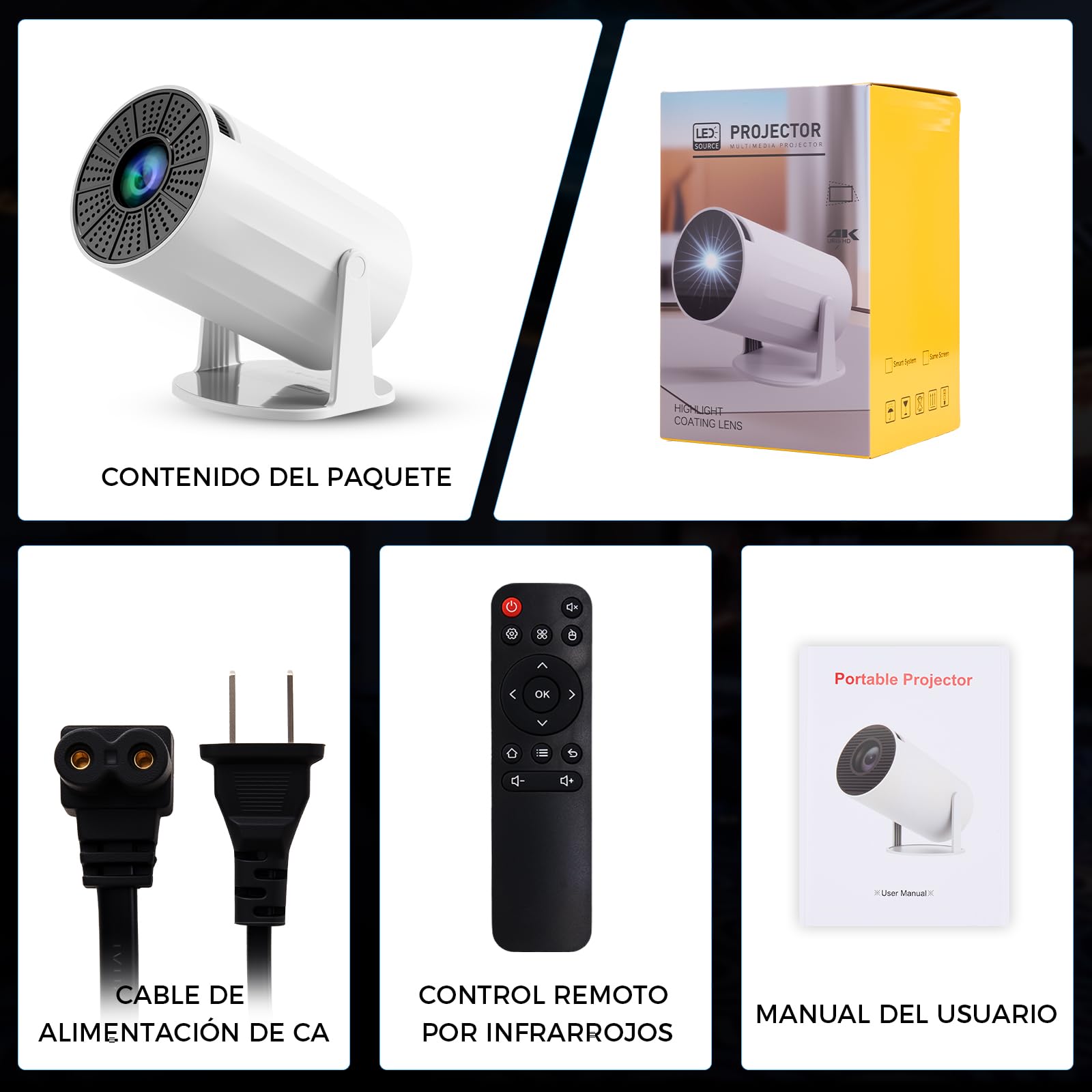 HUSEYTA Proyector, proyector Inteligente 4K/ 150 ANSI con WiFi 6, BT 5.0, Pantalla de 130 Pulgadas, Giro de 180 Grados, Sistema operativo Android Integrado 12.0, Compatible con iOS/Android/PC/PS4/PS5