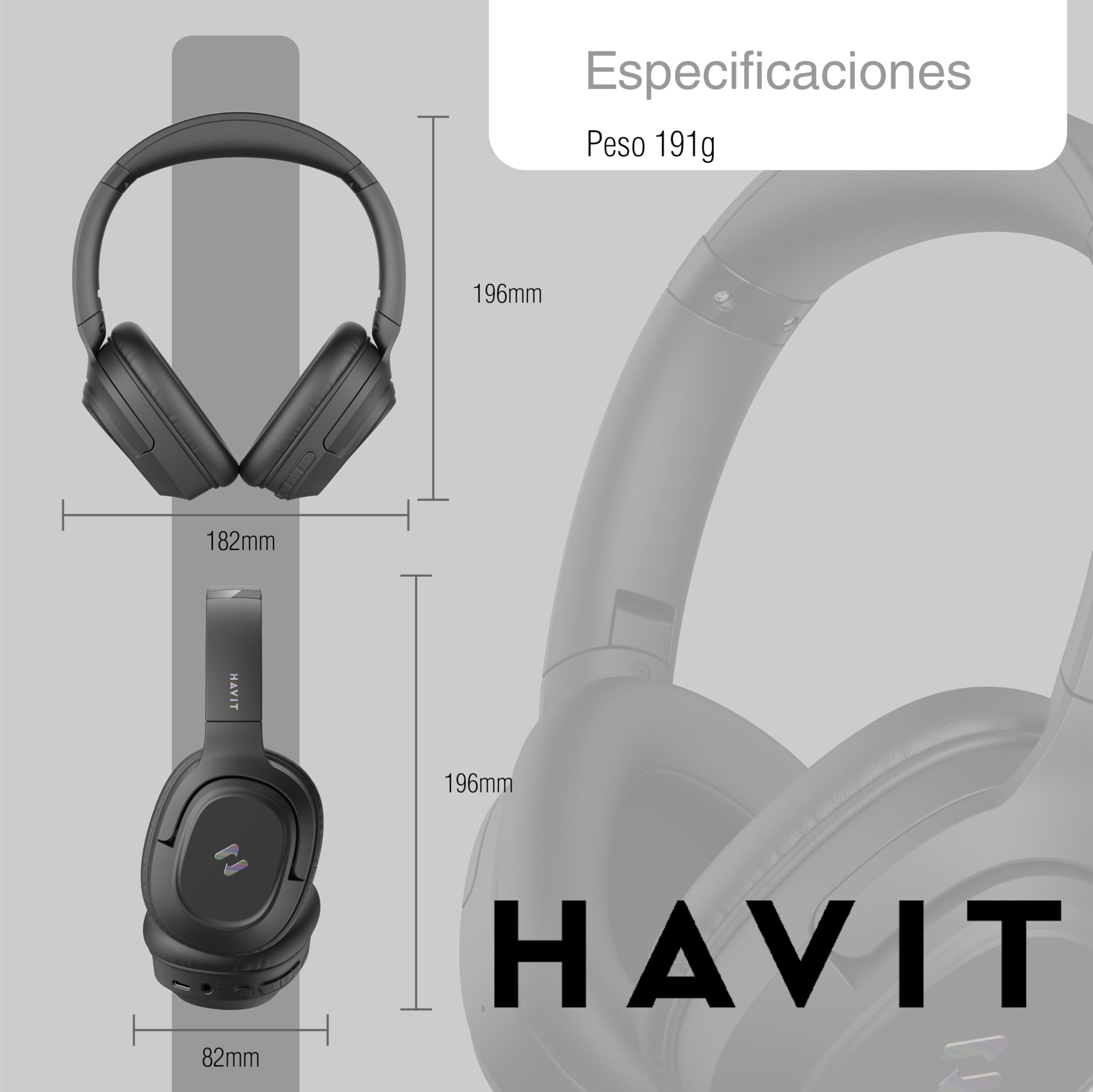 havit Audífonos Bluetooth H612BT Pro Over Ear con Cancelación de Ruido ANC, Auriculares Inalámbricos Diadema, 50 Horas Batería, Modo Baja Latencia 60ms, Micrófono, App Multidispositivo - Onyx Black