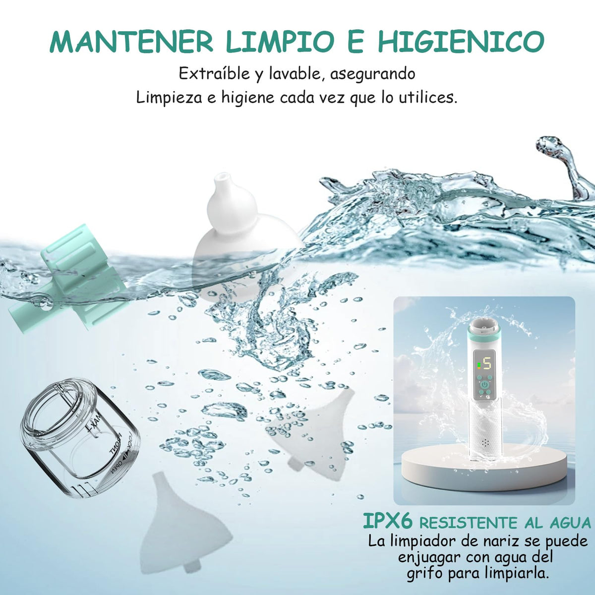 Limpiador Nasal Eléctrico, Extractor de Mocos para con carga USB, Succionador de mocos con 3 cabezales de silicona y espalda, 5 niveles de succión ajustable (Regular)