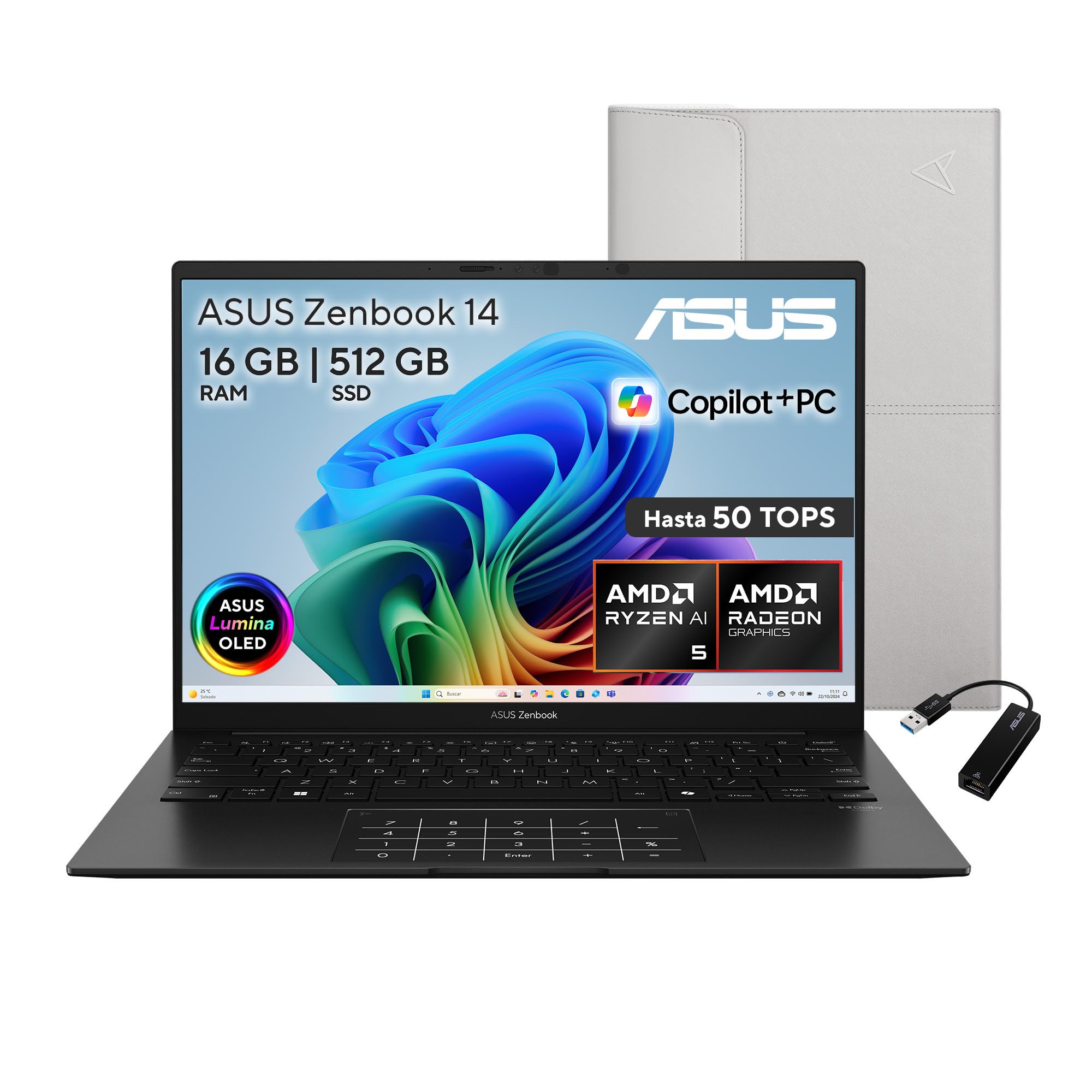 ASUS Zenbook 14 OLED/Ryzen AI 5 340/50 Tops/ 16GB - 512 GB SSD/Reconocimiento Facial/Cargador USB-C + Incluye Funda/Teclado en español (Garantia y Servicio con la Marca en Mexico)