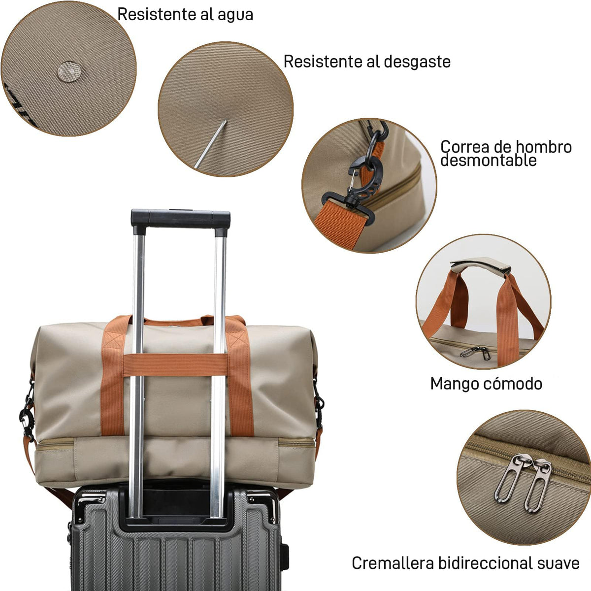JeeLeeko Maleta Deportiva Bolsa para gym Diseño de Separación Húmedo y Seco Bolsa de viaje con ompartimento para Zapatos, para Hombres y Mujeres moda impermeable(Caqui)